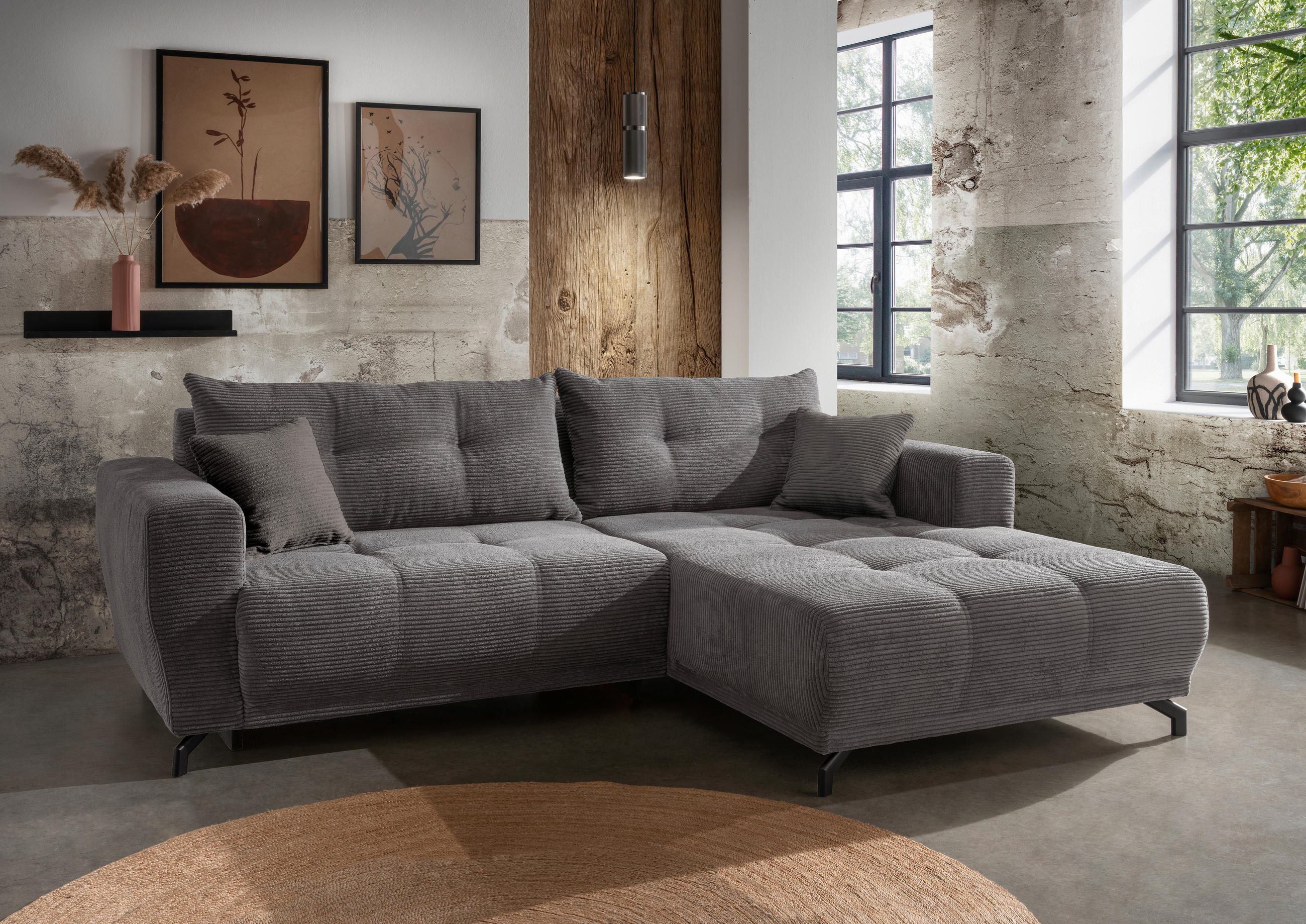 ECKSOFA in Cord Grau  246/177 cm  - Schwarz/Grau, MODERN, Holz/Textil (246/177cm) - MID.YOU