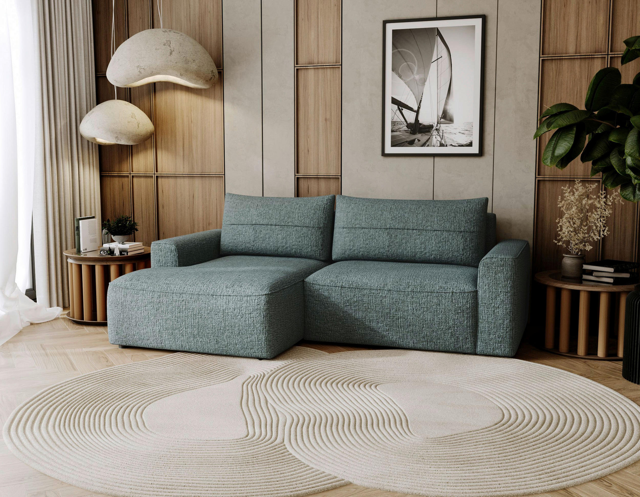 ECKSOFA in Chenille Grün  - Schwarz/Grün, Design, Kunststoff/Textil (144/233cm) - Livetastic