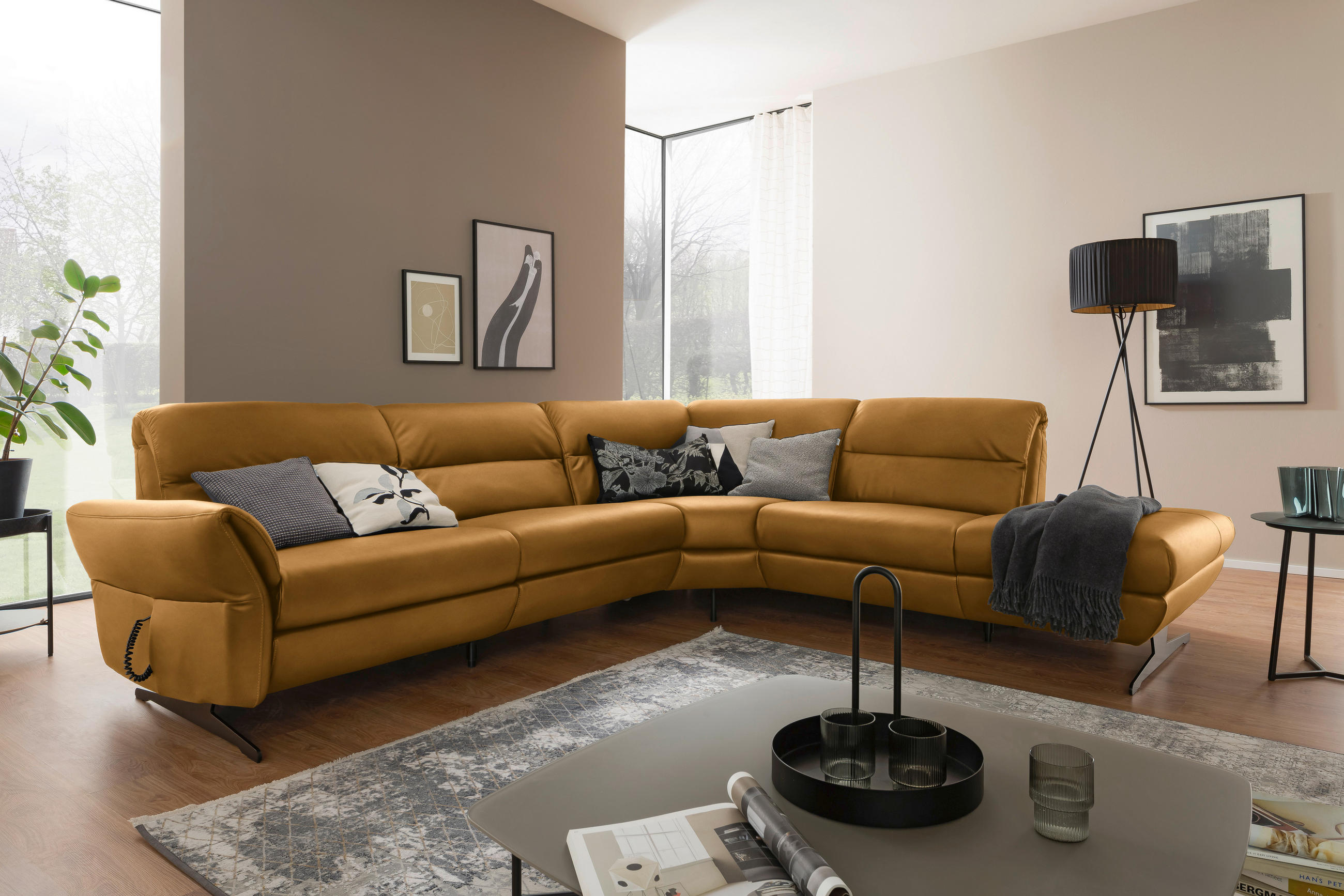 ECKSOFA Currygelb Echtleder  - Currygelb/Schwarz, Design, Leder/Metall (286/258cm) - Schöner Wohnen