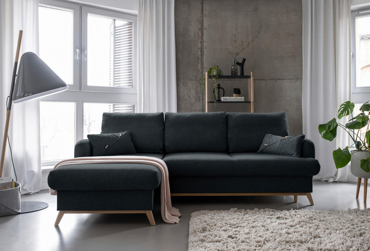 KUTNA GARNITURA tekstil  tamno siva   - tamno siva/prirodne boje, tekstil/drvo (157/235cm) - MID.YOU