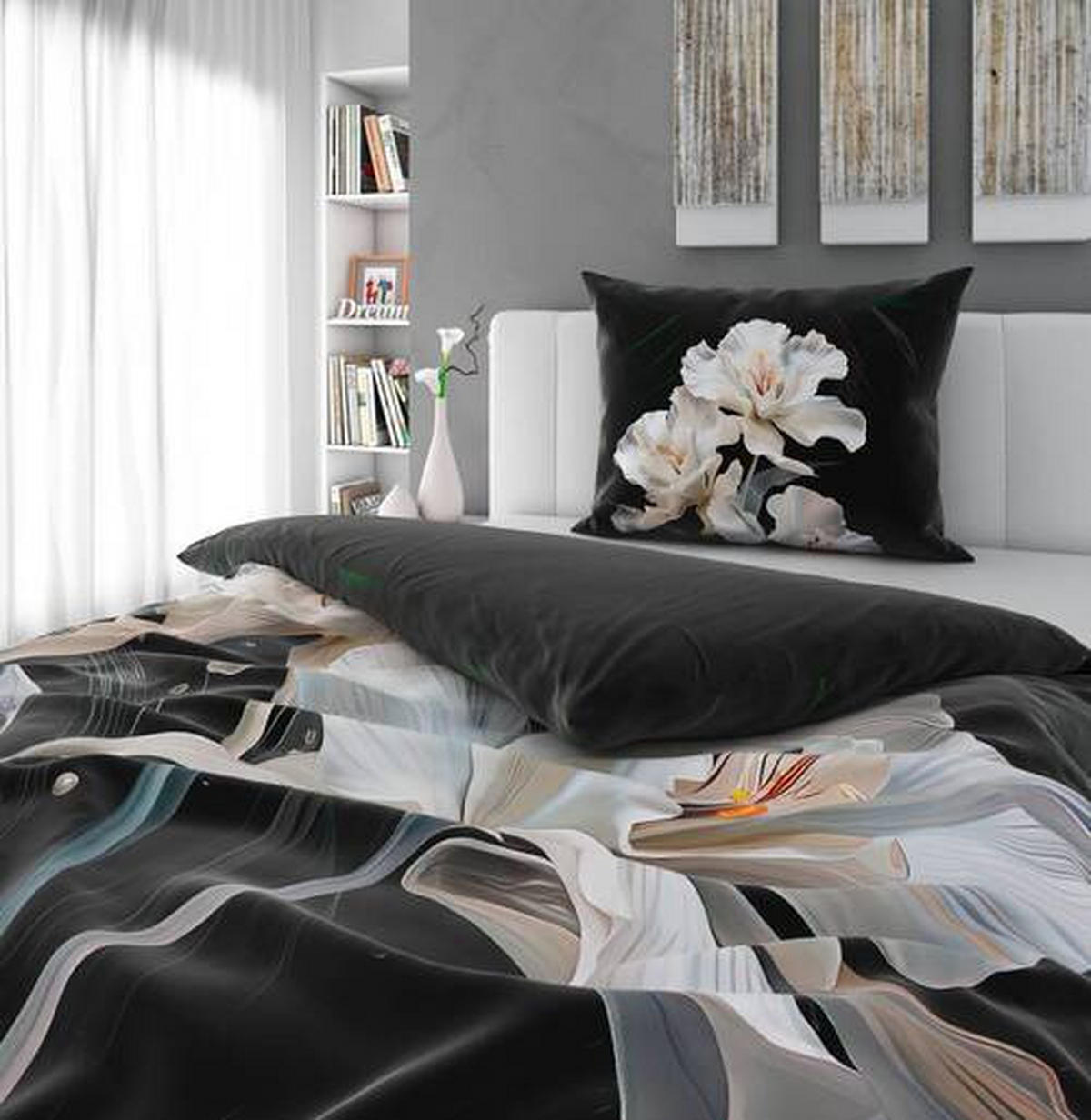 BETTWÄSCHESET MARIE Satin 160/210 cm  65 cm/100 cm  - Weiss/Schwarz, Konventionell, Textil (160/210cm) - Esposa