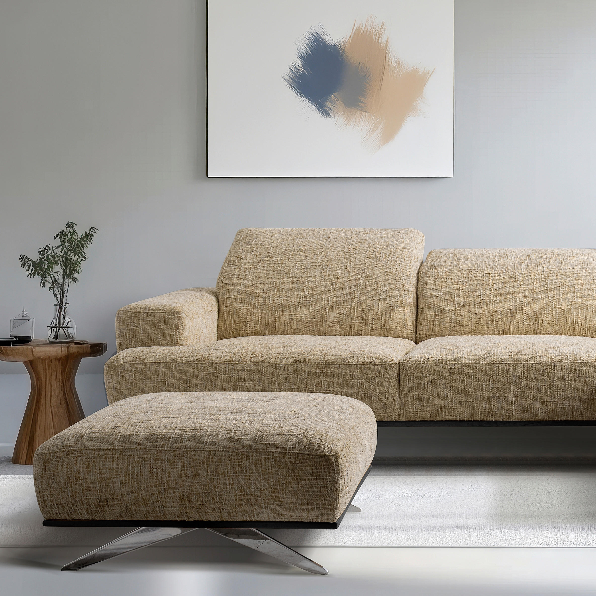 HOCKER PORTLAND Struktur Hellbraun  - Chromfarben/Hellbraun, Design, Holz/Textil (95/46/80cm) - Livetastic