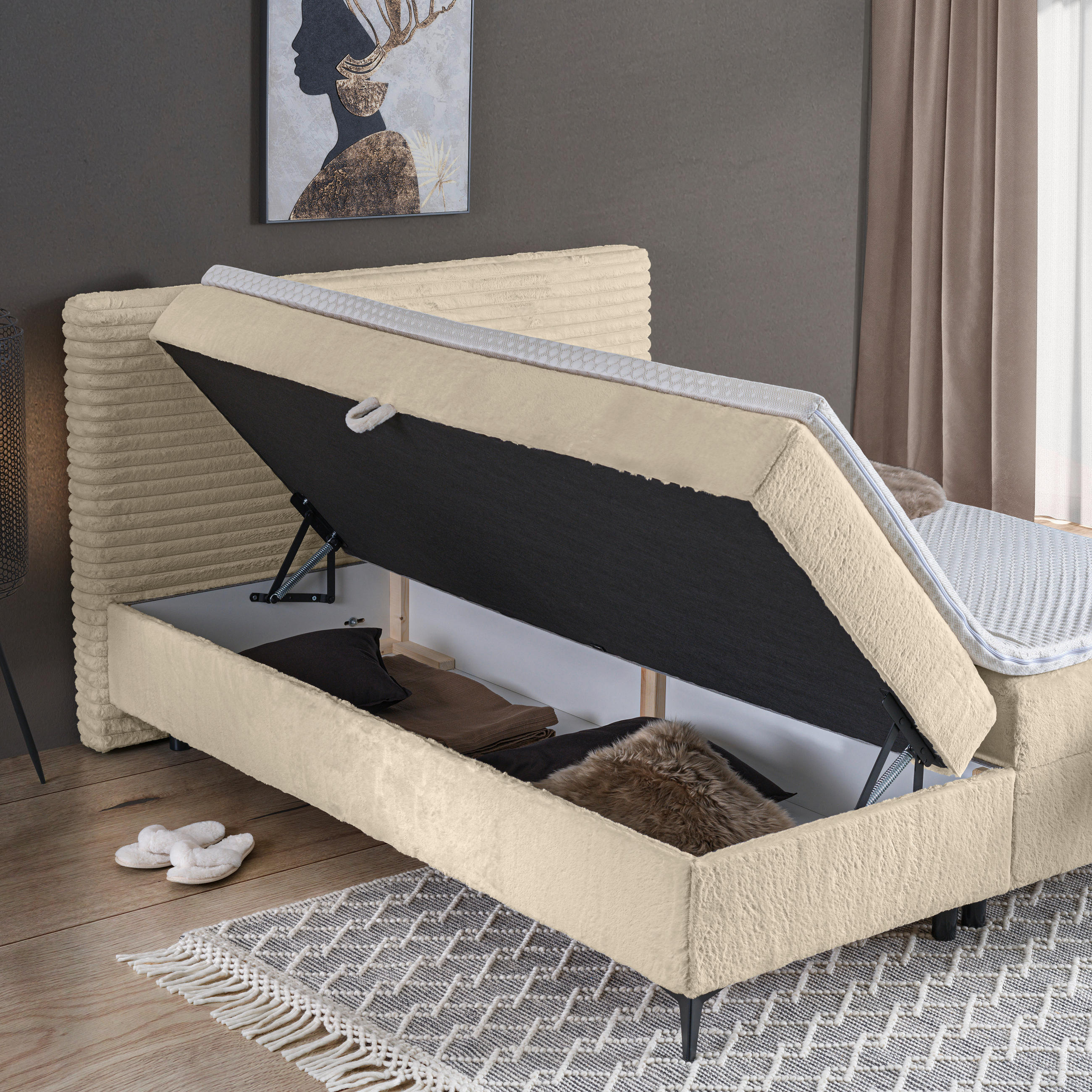 BOXBETT 180/200 cm,  in Creme, Bettkasten, Topper, Matratzen, H3 = fest  - Creme/Schwarz, Design, Holz/Holzwerkstoff (180/200cm) - Xora