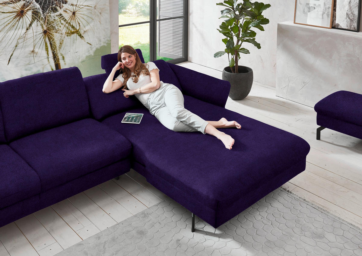 ECKSOFA in Velours Violett  - Violett/Schwarz, Design, Textil/Metall (306/179cm) - Beldomo System