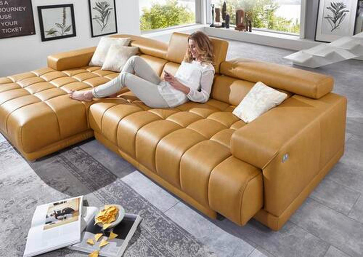 ECKSOFA in Echtleder Currygelb  - Currygelb/Alufarben, Design, Leder/Metall (190/335cm) - Beldomo Speed
