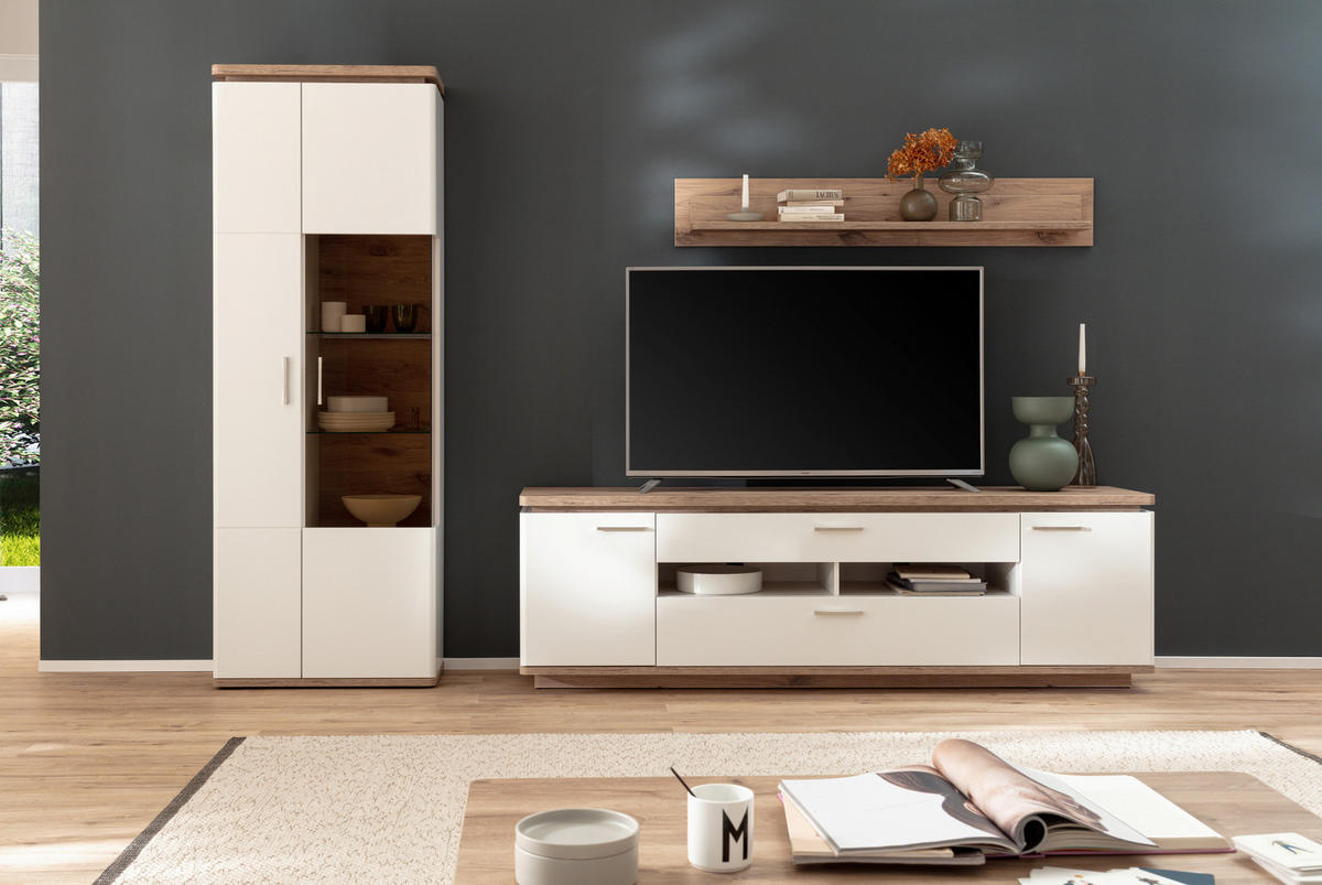 WOHNWAND 3-teilig  in Weiss, Eichefarben 295/208/50 cm  - Weiss/Eichefarben, Design, Glas/Holzwerkstoff (295/208/50cm) - Livetastic