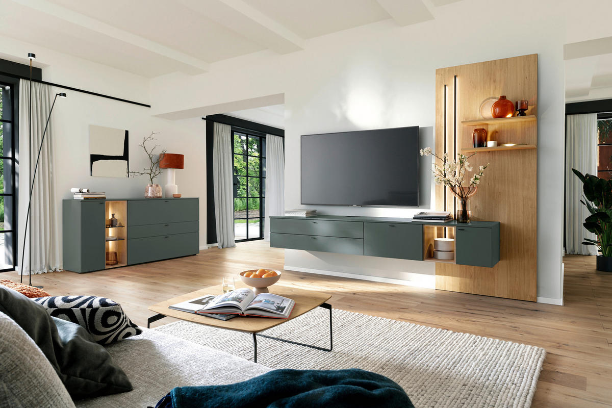 SIDEBOARD Grün, Eichefarben  180/89/43 cm  - Eichefarben/Anthrazit, Design, Glas/Holz (180/89/43cm) - Venjakob