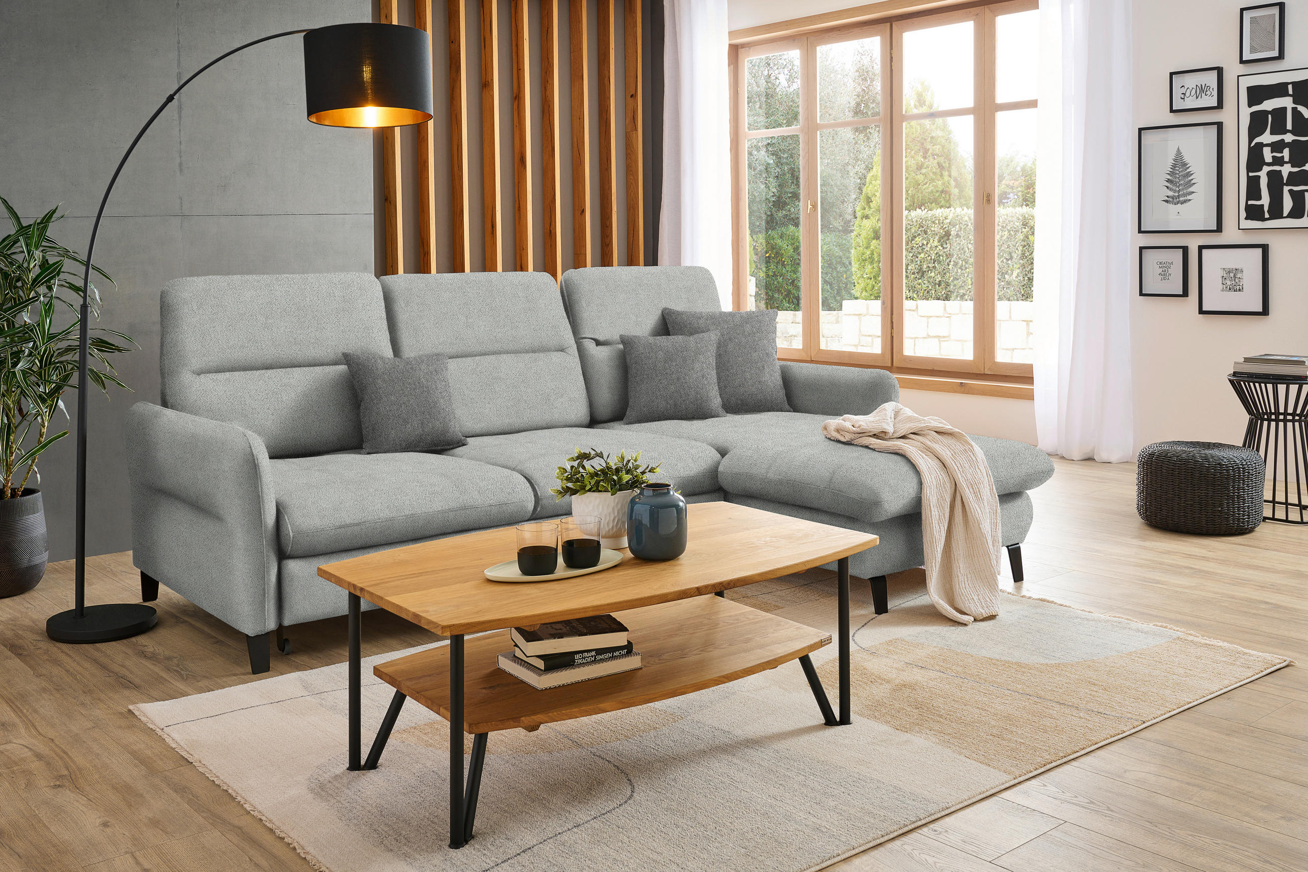 ECKSOFA Hellgrau Flachgewebe  - Hellgrau/Schwarz, KONVENTIONELL, Textil/Metall (254/190cm) - Livetastic