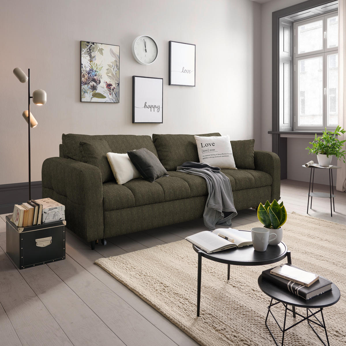 SCHLAFSOFA  in Cord, Velours Olivgrün  - Schwarz/Olivgrün, Design, Holz/Textil (236/88/101cm) - Lomoco