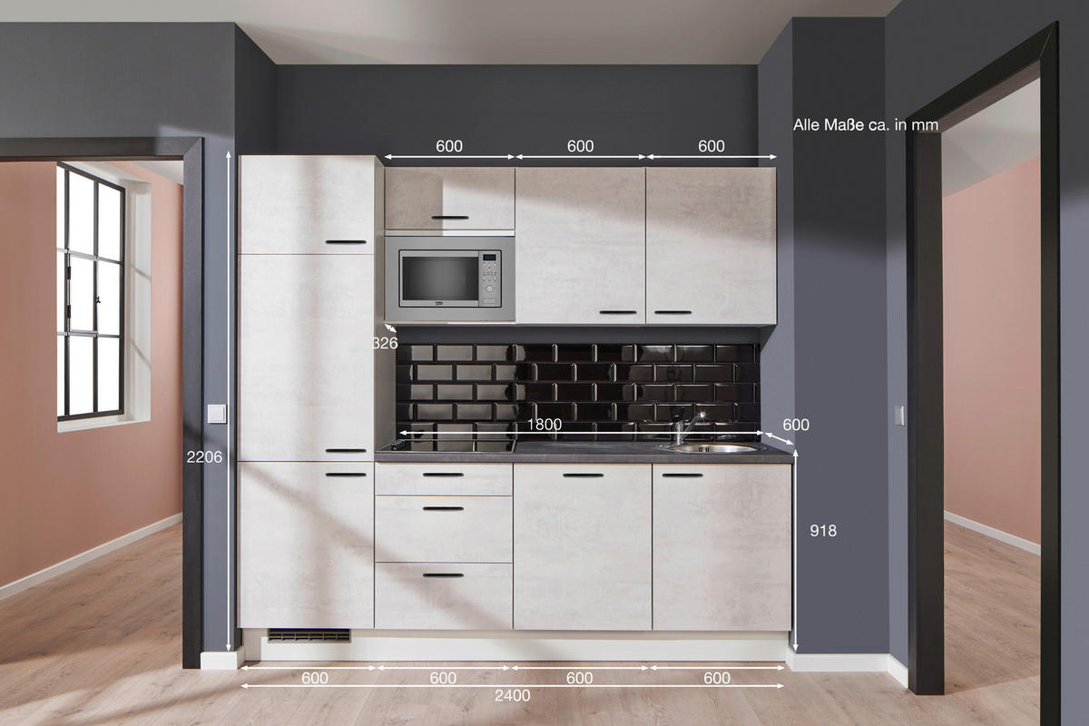 KÜCHENBLOCK 240 cm   in Graphitfarben, Weiß  - Schwarz/Graphitfarben, Design, Holzwerkstoff/Metall (240cm) - Pino