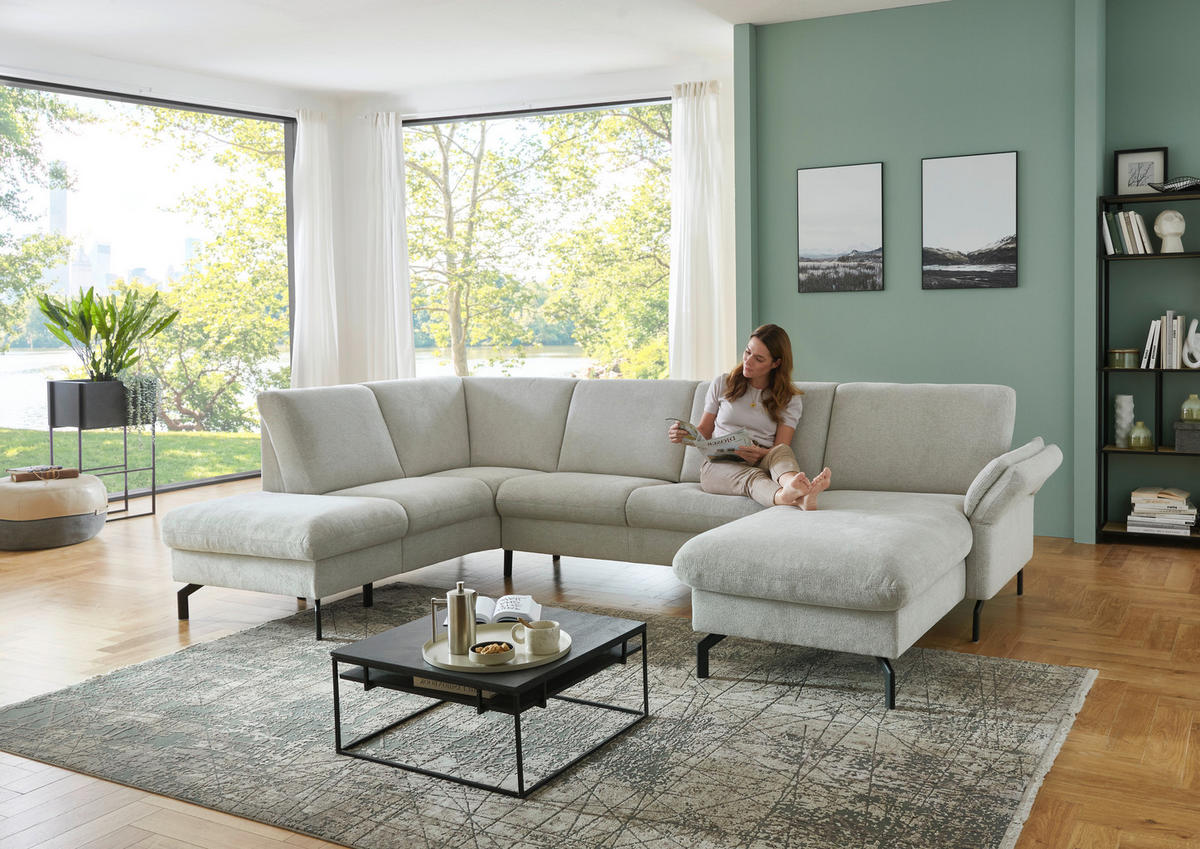 WOHNLANDSCHAFT Flachgewebe Ecru  - Ecru/Schwarz, Konventionell, Textil/Metall (190/307/170cm) - Beldomo Comfort