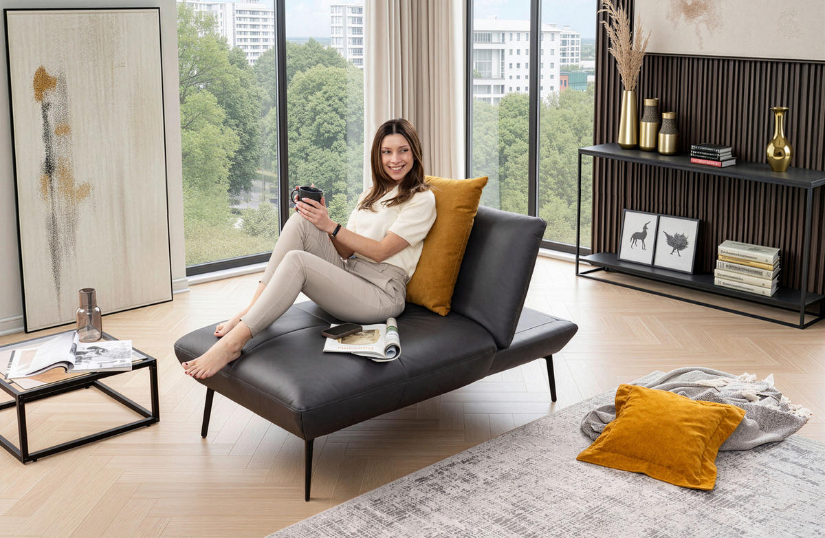 HOCKER Echtleder Anthrazit  - Anthrazit/Schwarz, Design, Leder/Metall (142/43/80cm) - Moderano