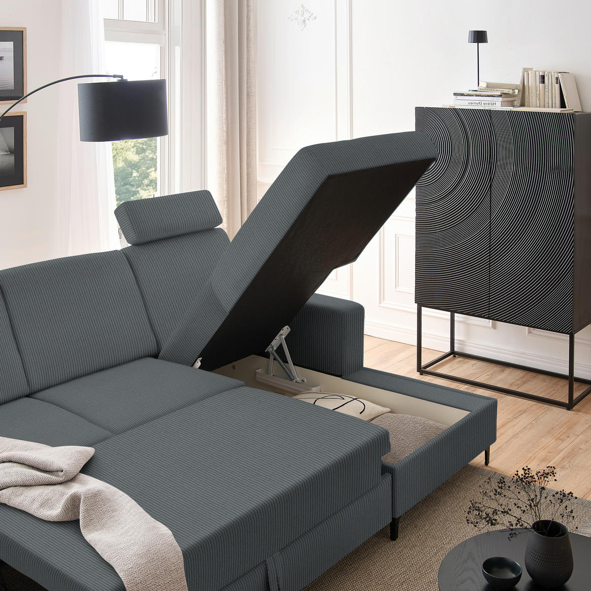 ECKSOFA in Cord Grau  - Schwarz/Grau, Konventionell, Textil/Metall (247/167cm) - Stylife