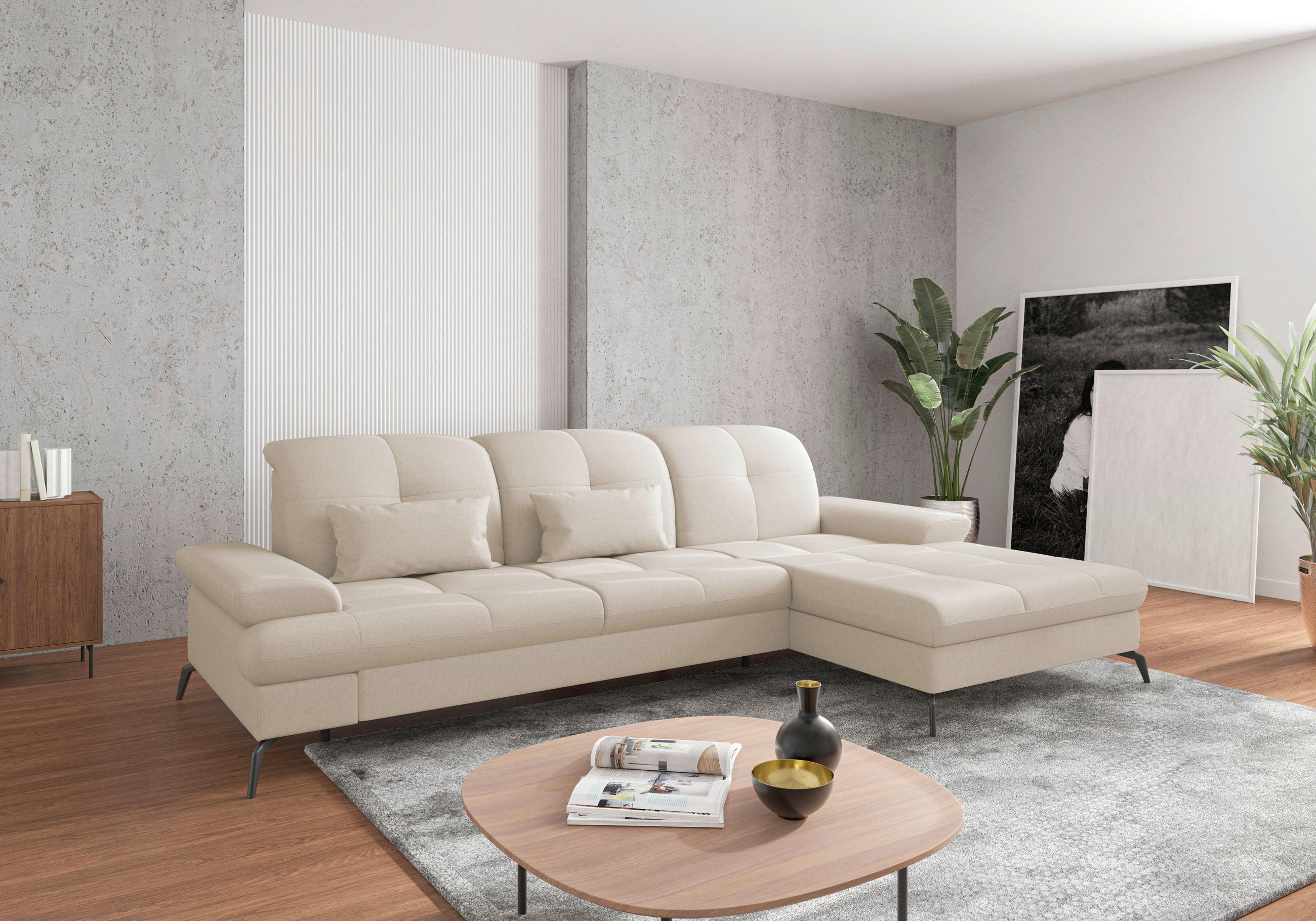 ECKSOFA Creme Flachgewebe  - Creme/Schwarz, KONVENTIONELL, Textil/Metall (279/185cm) - Sit & More