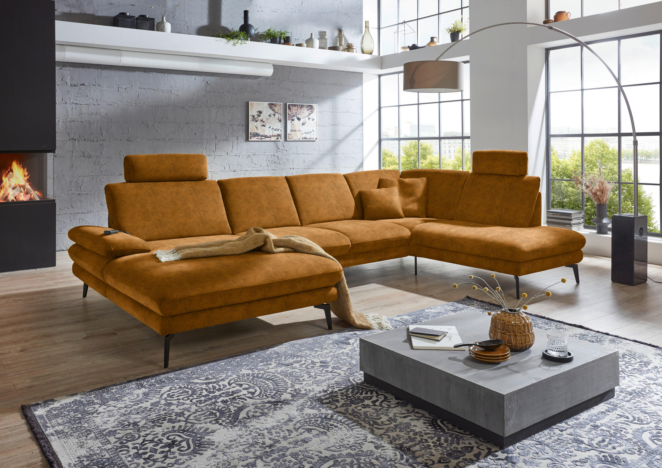 WOHNLANDSCHAFT in Velours Cognac  - Cognac/Schwarz, Design, Textil/Metall (180/344/208cm) - Dieter Knoll