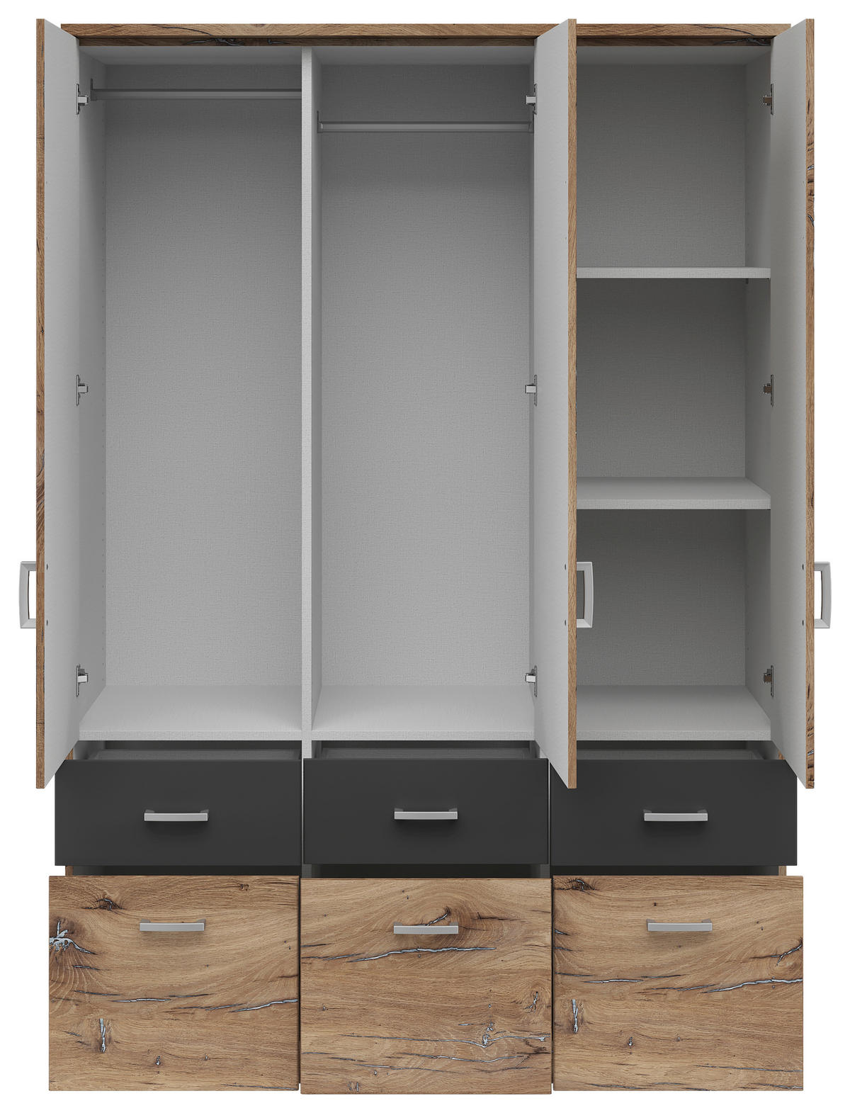 KLEIDERSCHRANK 136/199/58 cm 3-türig Graphitfarben, Eichefarben  - Eichefarben/Silberfarben, KONVENTIONELL, Holzwerkstoff/Kunststoff (136/199/58cm) - MID.YOU
