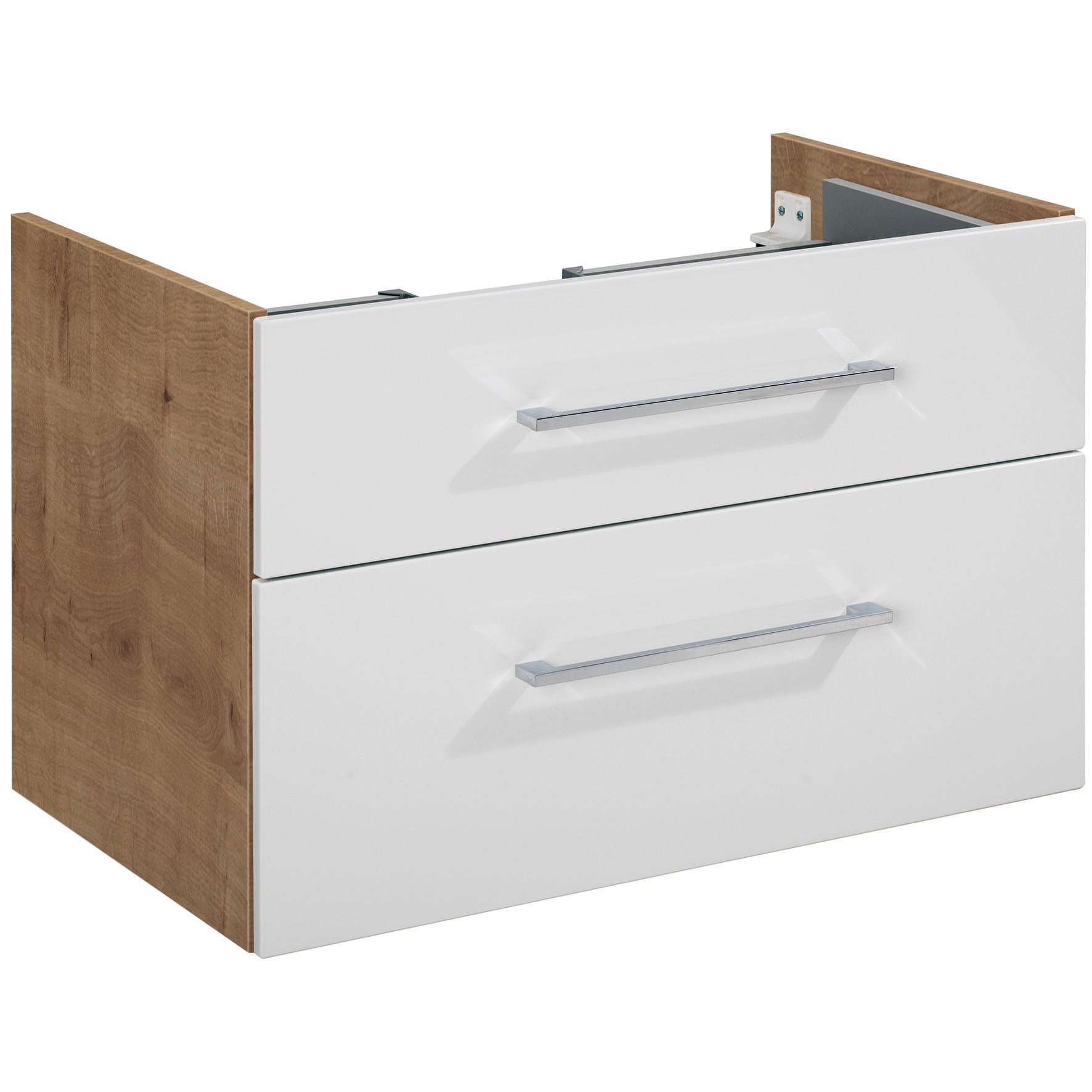 Voleo Waschtischunterschrank Lara Eiche, Chrom, Weiß Hochglanz 80x48.8x50.9 cm