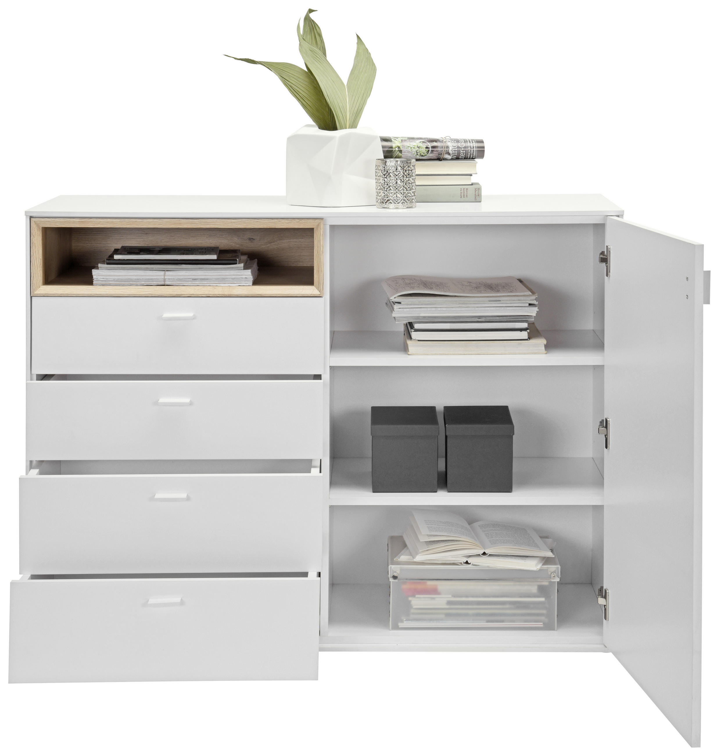 KOMODA  121/92,8/43 cm  bela, boja hrasta  - boja hrasta/bela, Dizajnerski, pločasti materijal/plastika (121/92,8/43cm) - Hom`in