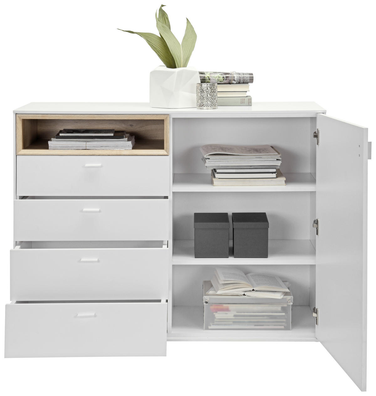 KOMODA, bílá, barvy dubu, 121/92,8/43 cm - bílá/barvy stříbra, Design, kompozitní dřevo/plast (121/92,8/43cm) - Hom`in