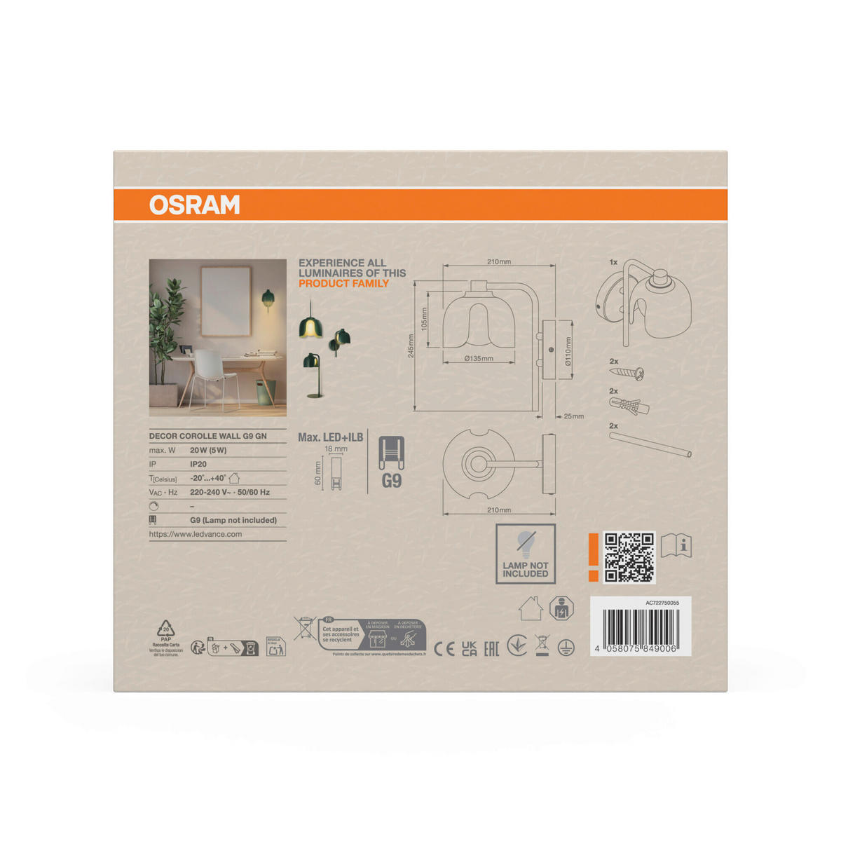 WANDLEUCHTE 13,5/21/24,5 cm   - Grün, Basics, Glas/Metall (13,5/21/24,5cm) - Osram