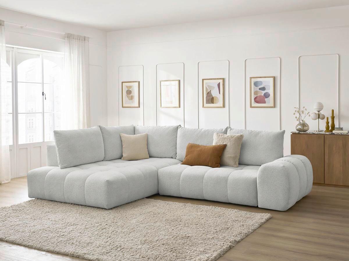 ECKSCHLAFSOFA EVEREST  mit Rücken echt, Armteil links, Armteil rechts Flachgewebe Hellgrau  - Hellgrau/Schwarz, MODERN, Kunststoff/Textil (320/212cm)