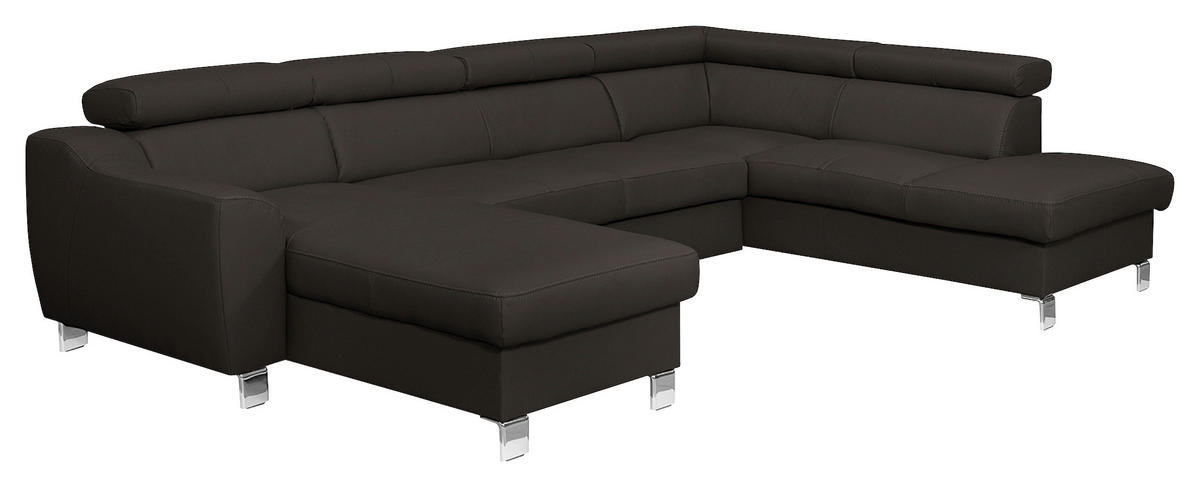 WOHNLANDSCHAFT Dunkelbraun Echtleder Lederlook  - Chromfarben/Dunkelbraun, Design, Leder/Textil (175/315/208cm) - Livetastic
