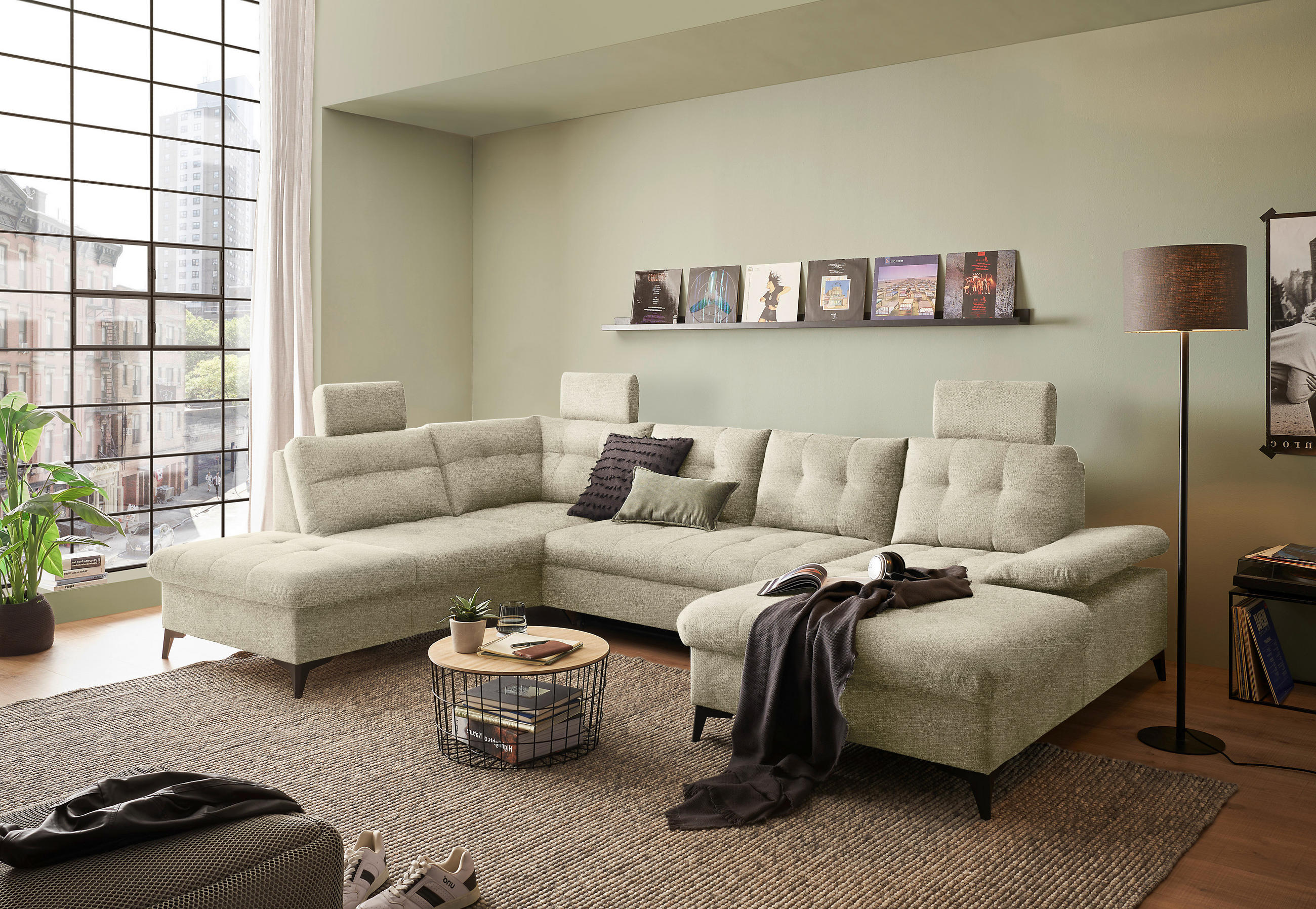 Thumbnail - Carryhome Wohnlandschaft, Beige, Textil, 6-Sitzer, U-Form, 324x218 cm, Liegefunktion, seitenverkehrt erhältlich, Schlafe...