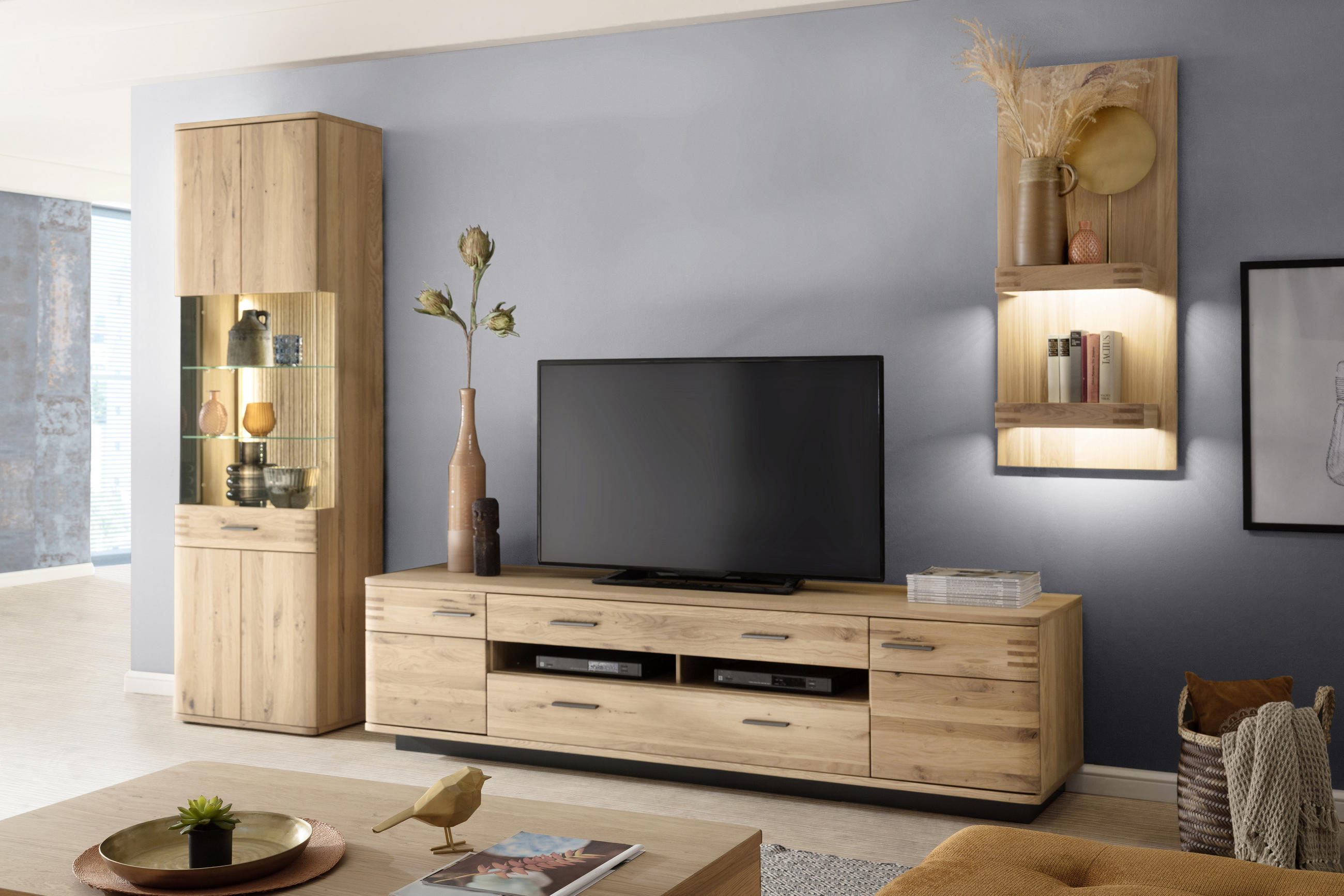 WOHNWAND Balkeneiche furniert, massiv Anthrazit, Eichefarben Einlegeböden - Eichefarben/Anthrazit, Design, Glas/Holz (300/208/50cm) - Livetastic