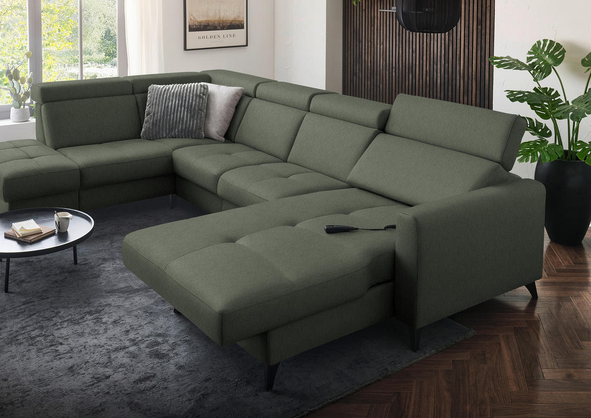 WOHNLANDSCHAFT Flachgewebe Dunkelgrün  - Dunkelgrün/Schwarz, Konventionell, Textil/Metall (215/333/174cm) - Beldomo System