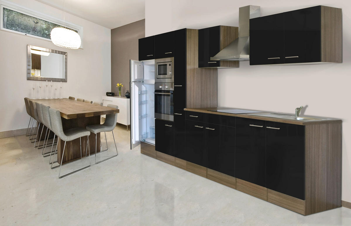 KÜCHENBLOCK 360 cm   in Schwarz, Eichefarben  - Eichefarben/Schwarz, MODERN, Holzwerkstoff (360cm) - Respekta