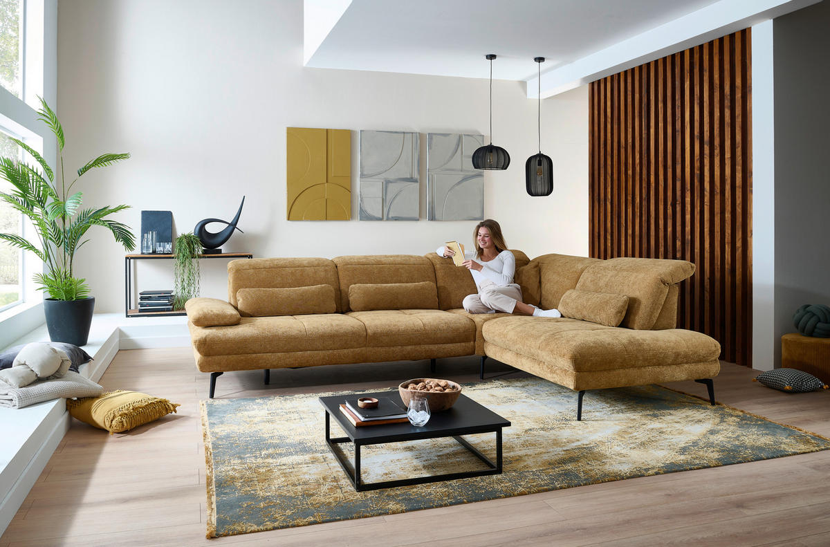 ECKSOFA Beldomo System Dunkelgelb Chenille Rücken echt, Kopfteilverstellung  - Dunkelgelb/Schwarz, Design, Textil/Metall (311/235cm) - Beldomo System