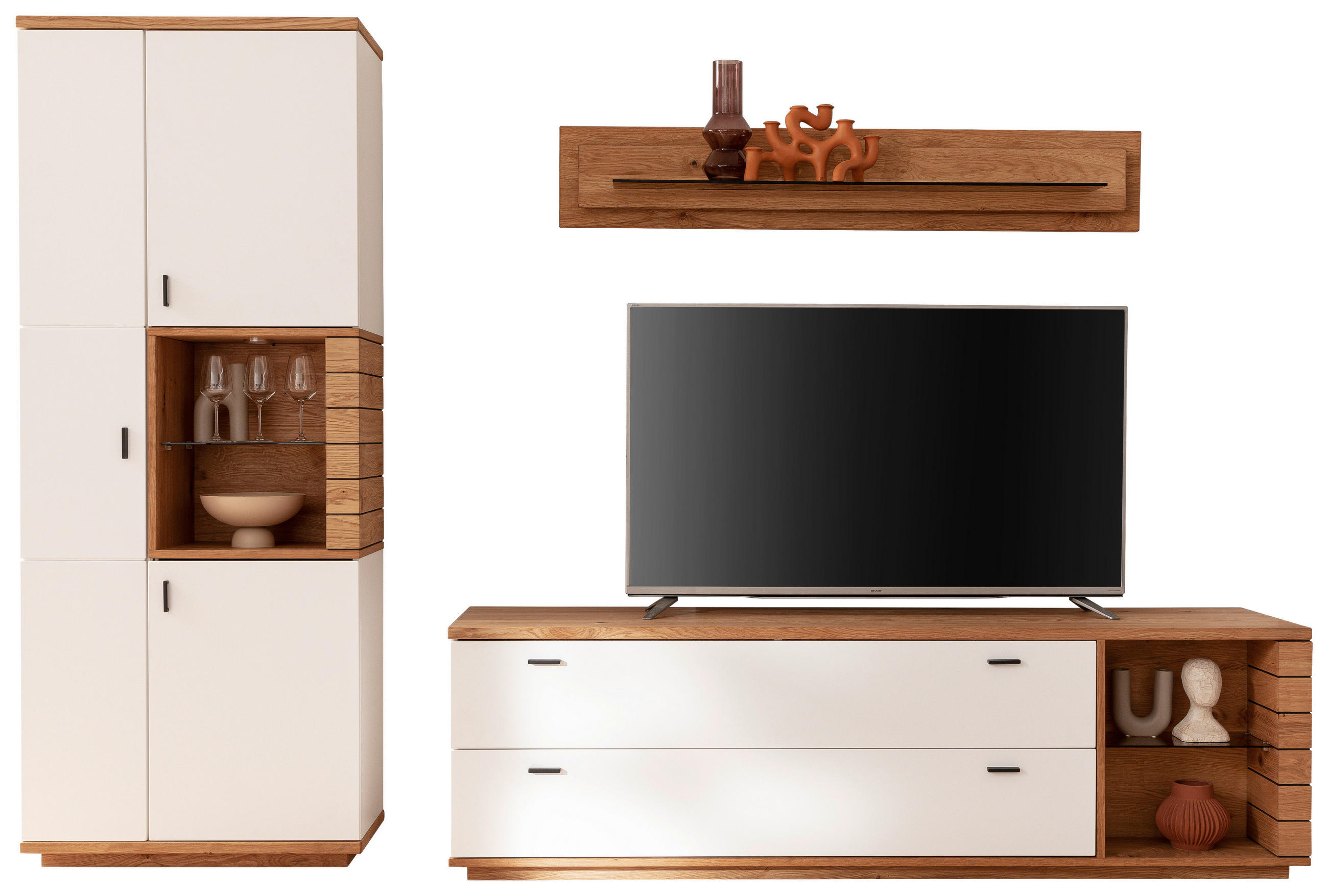WOHNWAND in Weiss, Wildeiche 305/202/50 cm - Wildeiche/Weiss, Design, Glas/Holz (305/202/50cm) - Novel