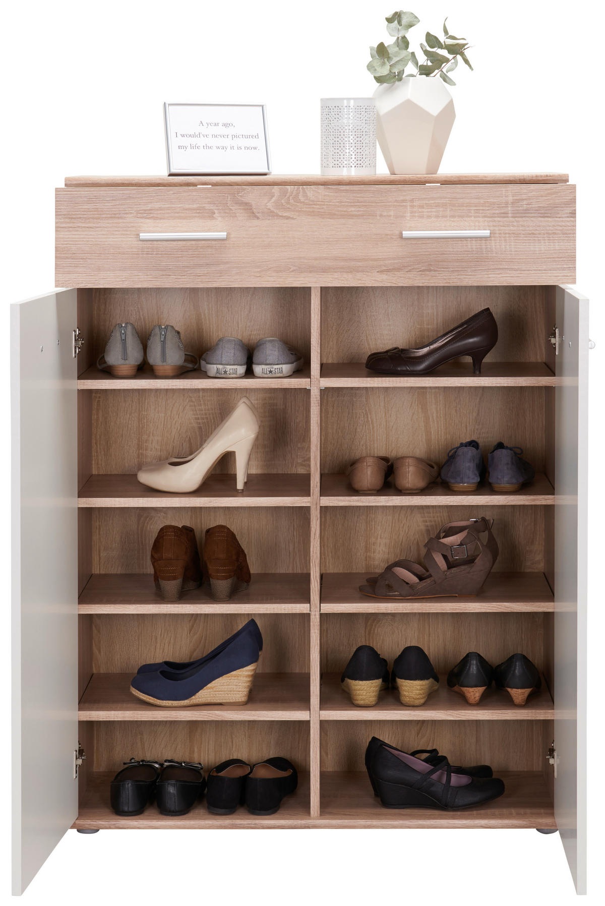 OMARA ZA ČEVLJE bela, hrast sonoma - srebrne barve/barve hrasta, Design, umetna masa/leseni material (90/120/36cm) - Carryhome