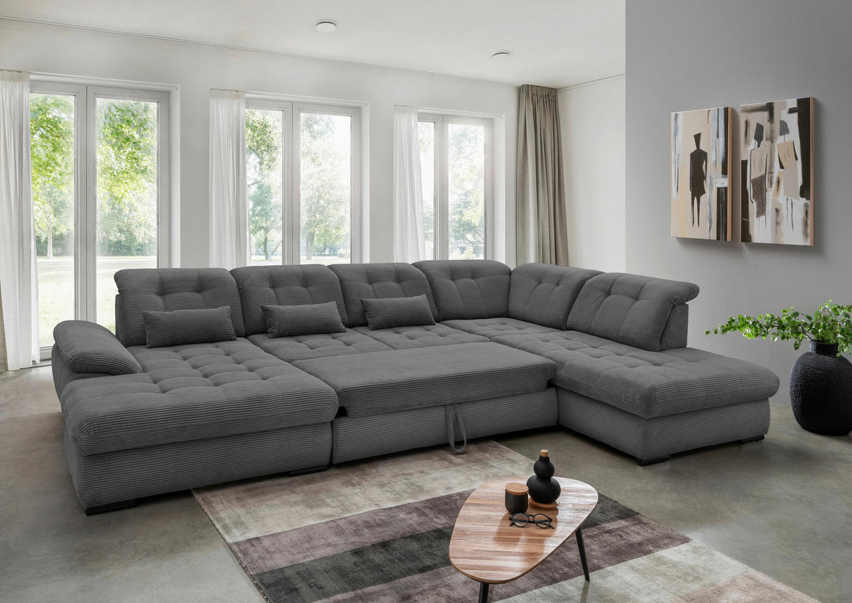 SALON PANORAMIQUE in Cord Grau  - gris/noir, Modern, textile/métal (184/387/252cm) - Livetastic