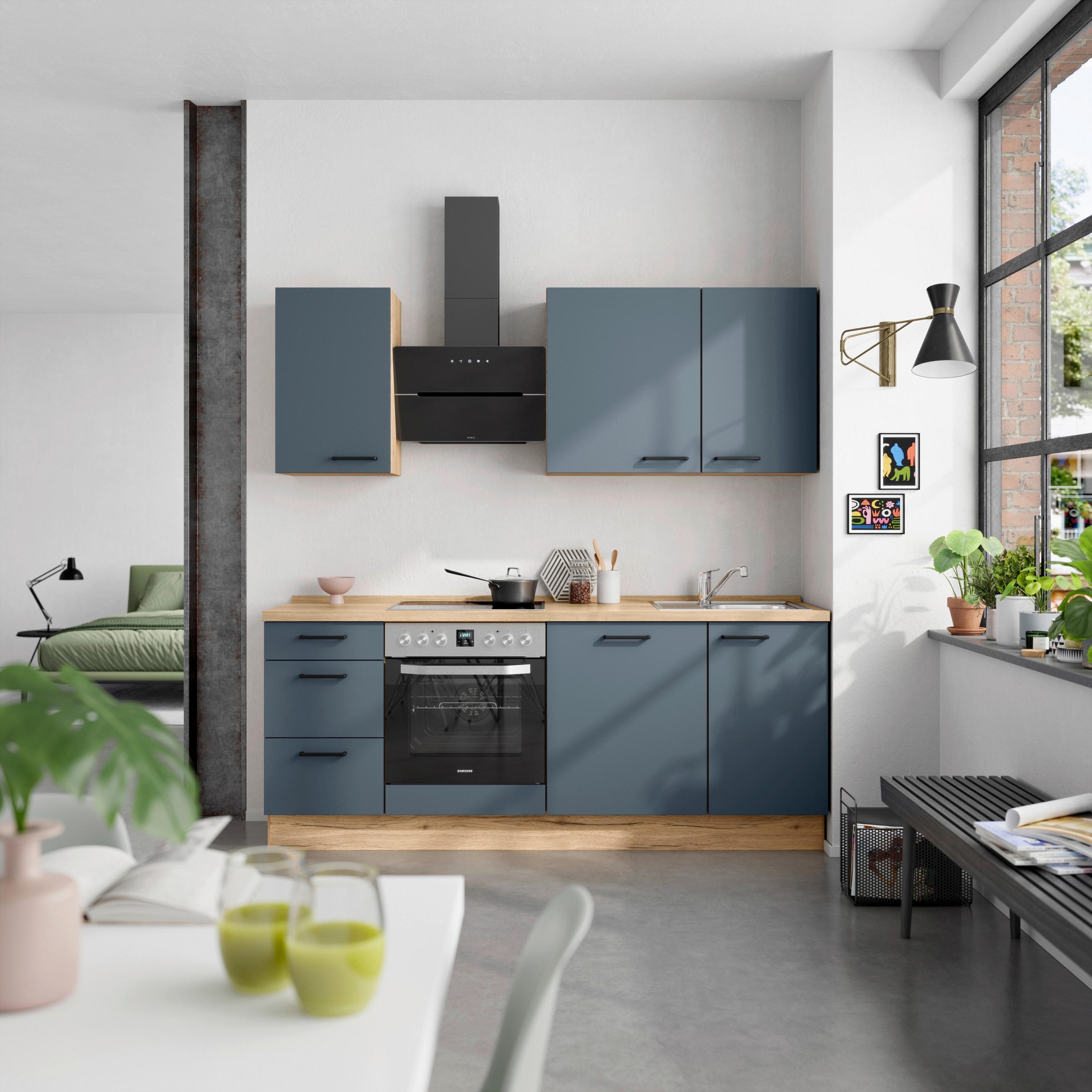 KÜCHENBLOCK 210 cm   in Eichefarben, Dunkelblau  - Eichefarben/Schwarz, MODERN, Holzwerkstoff/Metall (210cm) - Nobilia