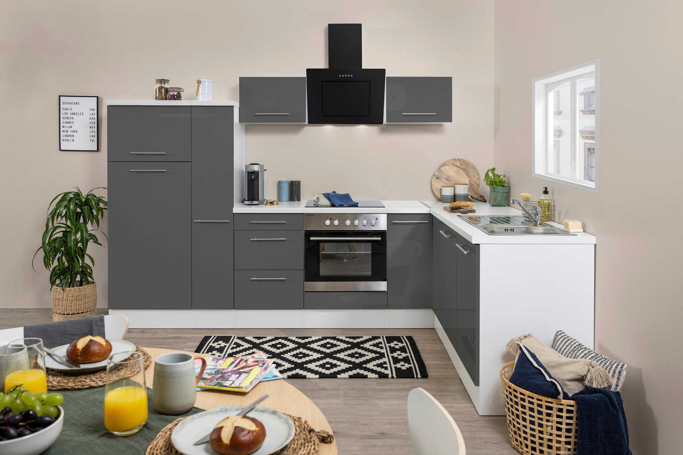 KÜCHENBLOCK Grau, Weiß E-Geräte, Spüle, Soft-Close-System, Geschirrspüler, Kühlgefrierkombination, Geschirrspülerblende, Dunstabzug - Edelstahlfarben/Weiß, KONVENTIONELL, Metall (290/200cm) - Respekta