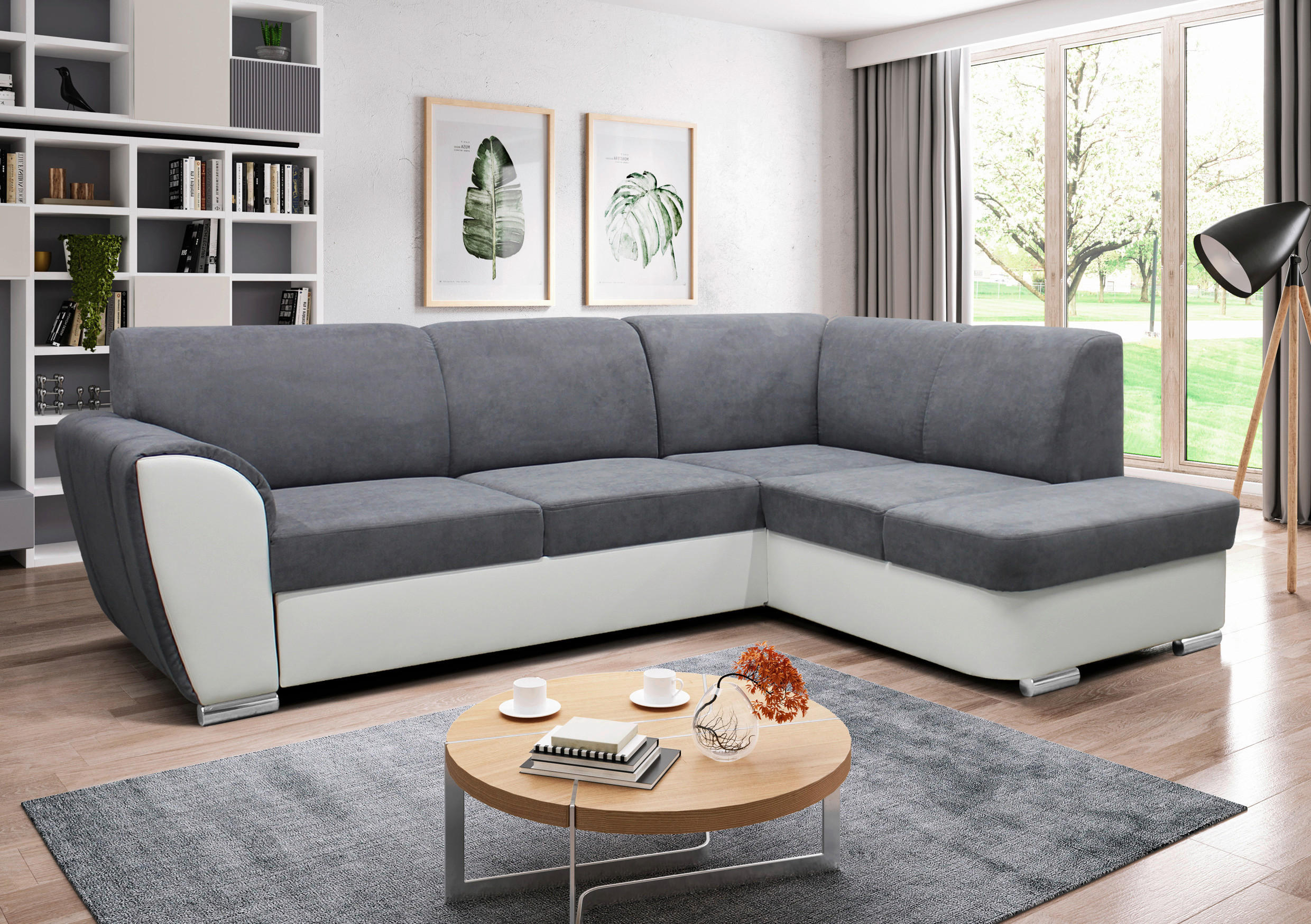 ECKSOFA Grau, Weiß Velours  - Silberfarben/Weiß, Design, Kunststoff/Textil (255/196cm) - MID.YOU