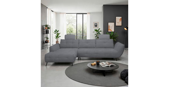 ECKSOFA Dunkelgrau Chenille Armlehnenkissen, Rücken echt, Sitztiefenverstellung  - Dunkelgrau/Schwarz, KONVENTIONELL, Textil/Metall (215/313cm) - Hom`in