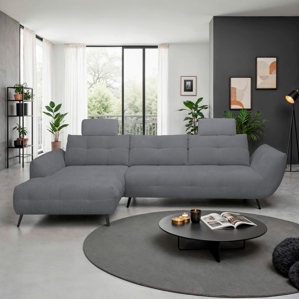 ECKSOFA Dunkelgrau Chenille Armlehnenkissen, Rücken echt, Sitztiefenverstellung  - Dunkelgrau/Schwarz, KONVENTIONELL, Textil/Metall (215/313cm) - Hom`in