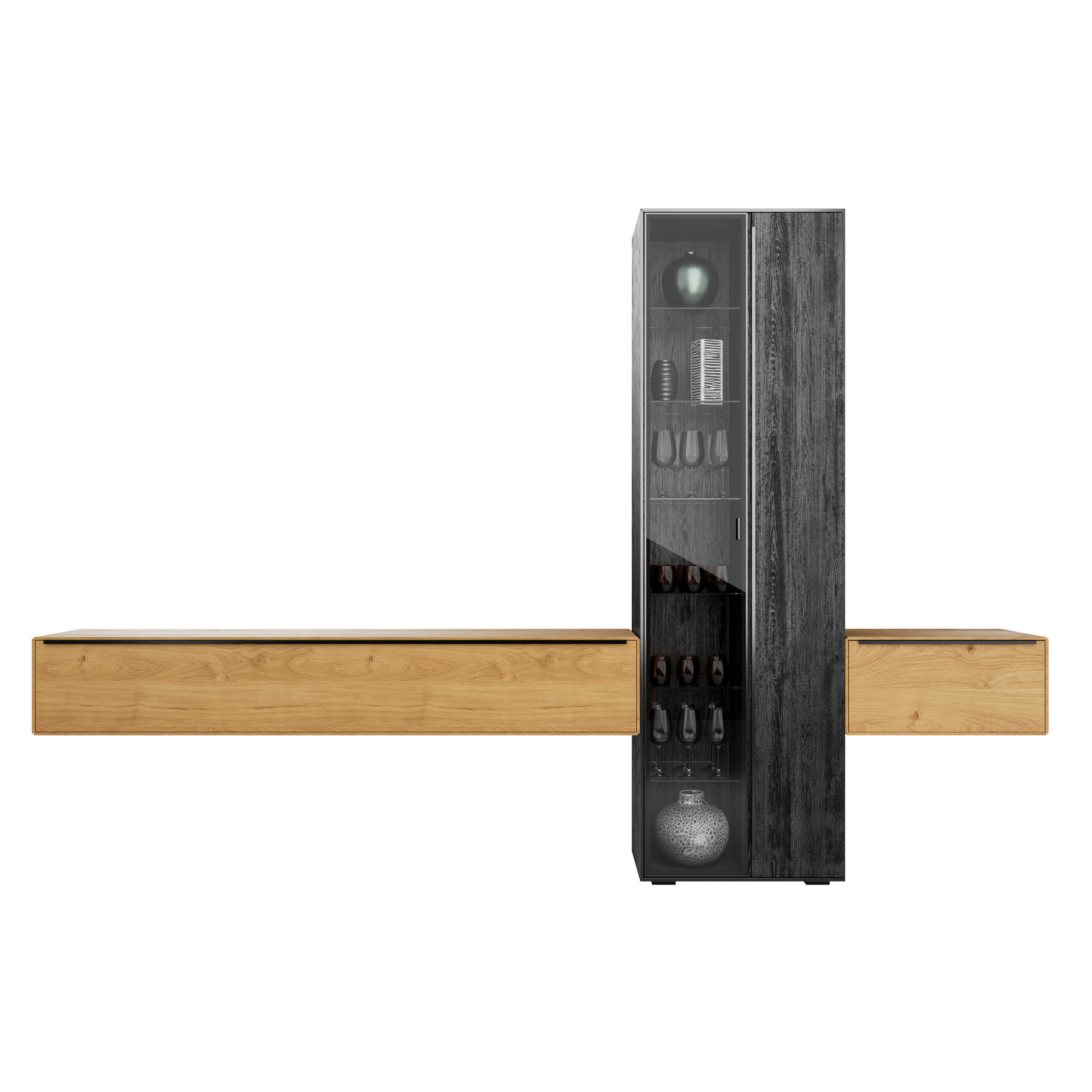 WOHNWAND  in Schwarz, Eichefarben  306/205,5/39,5 cm  - Eichefarben/Anthrazit, Natur, Glas/Holz (306/205,5/39,5cm) - Valnatura