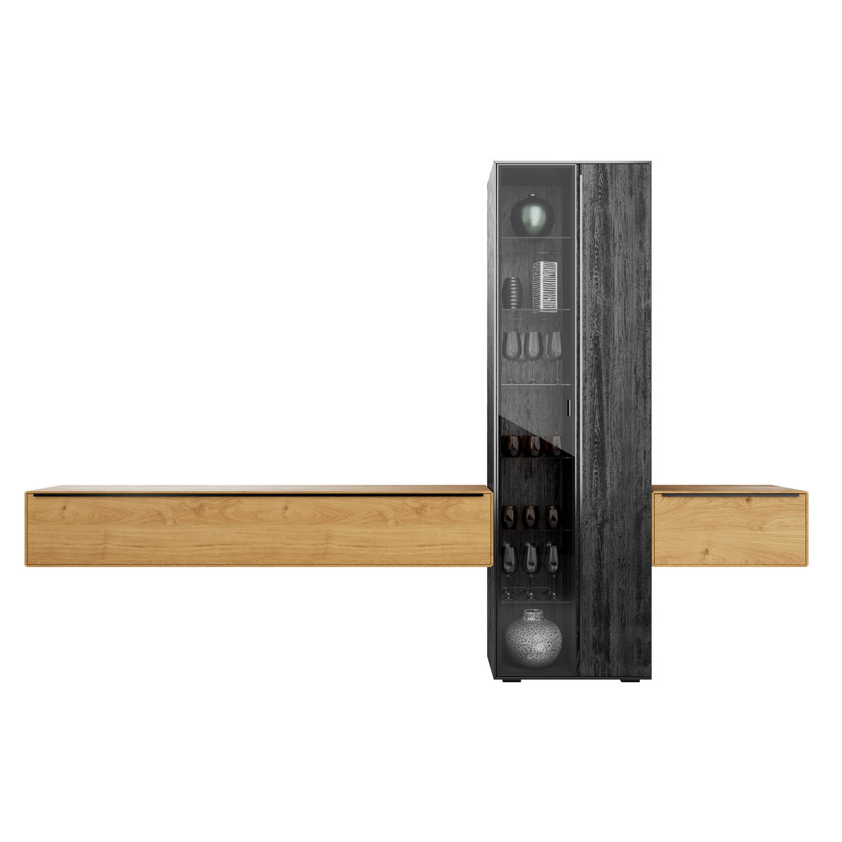 WOHNWAND  in Schwarz, Eichefarben 306/205,5/39,5 cm  - Eichefarben/Anthrazit, Natur, Glas/Holz (306/205,5/39,5cm) - Valnatura