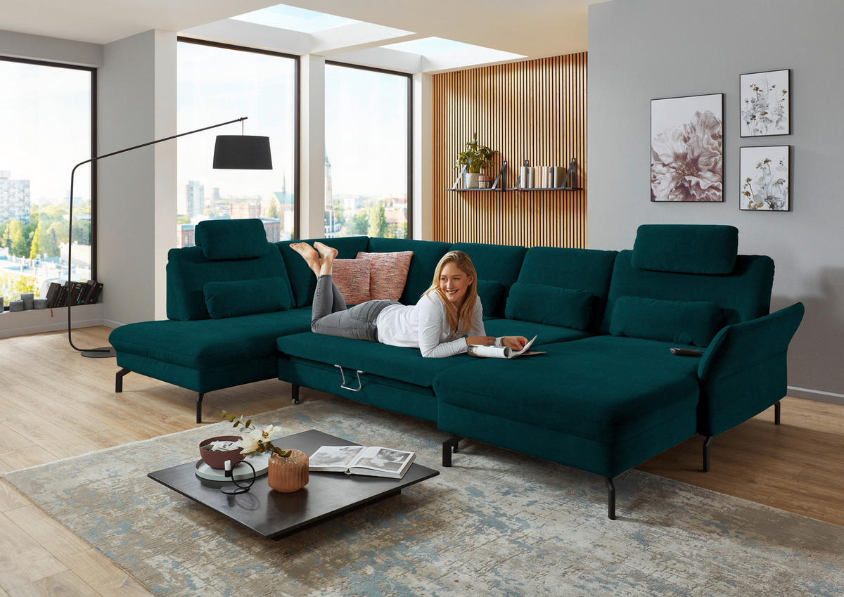 WOHNLANDSCHAFT in Velours Petrol  - Petrol/Schwarz, Design, Textil/Metall (220/335/179cm) - Beldomo System