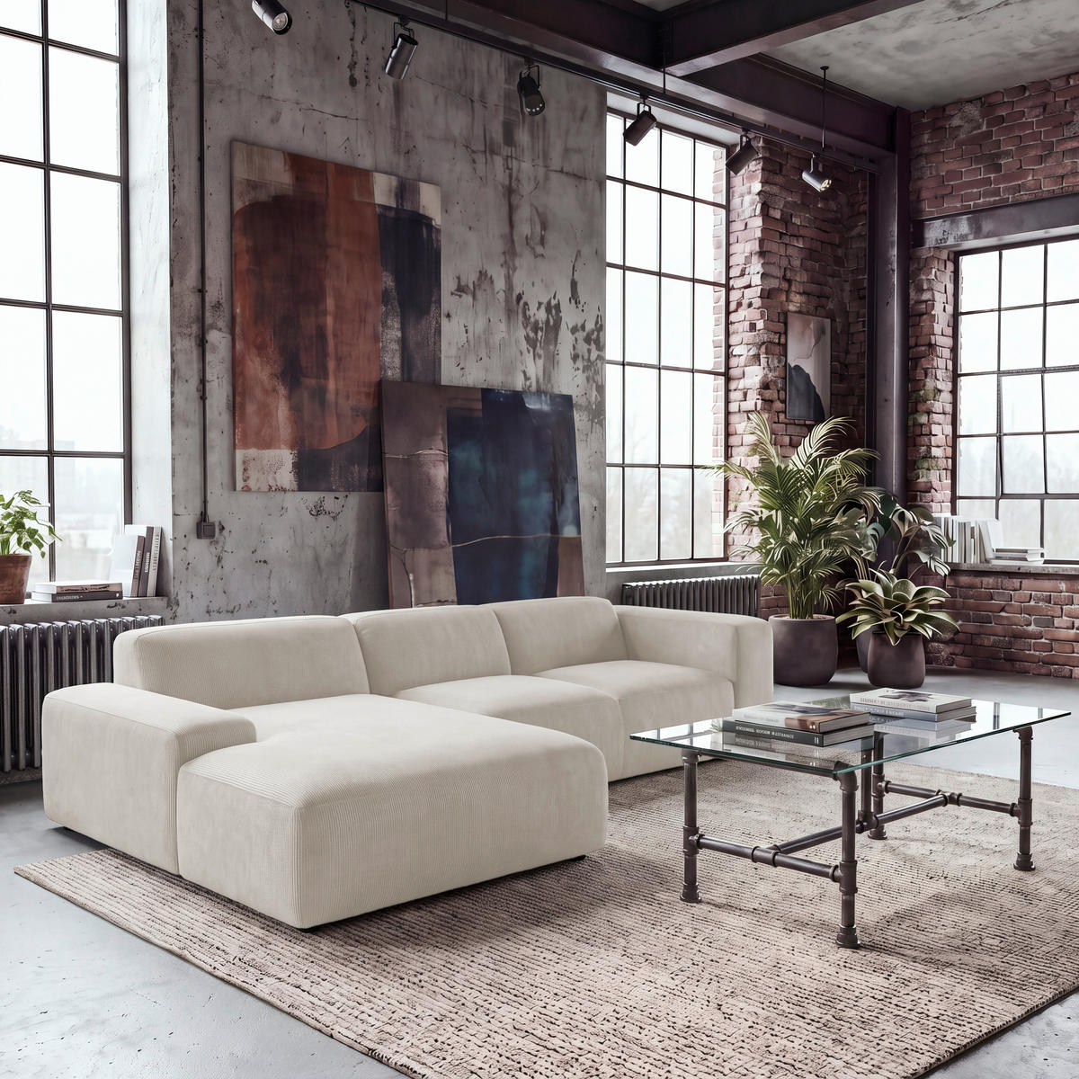 ECKSOFA HANNAH Creme Cord  - Creme/Schwarz, Design, Kunststoff/Textil (200/304cm) - MID.YOU