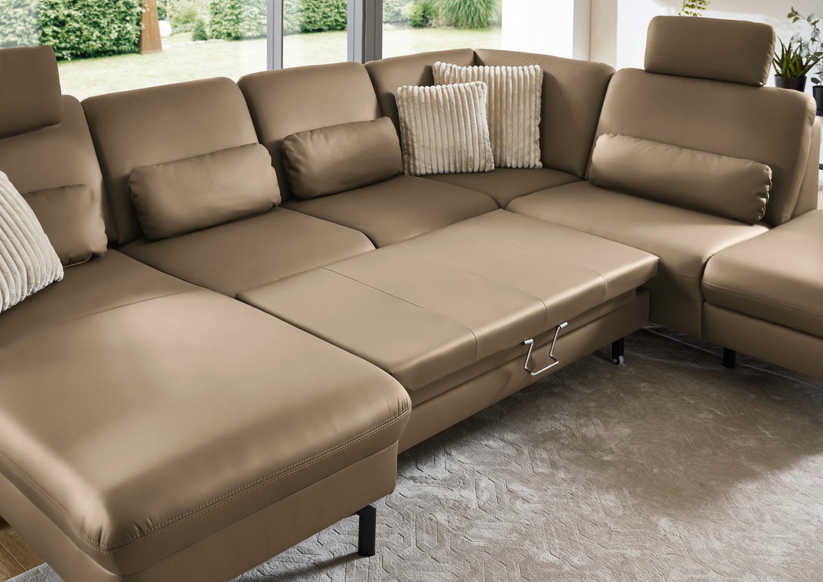 WOHNLANDSCHAFT Echtleder Khaki  - Khaki/Schwarz, Konventionell, Leder/Metall (168/306/224cm) - Beldomo Premium