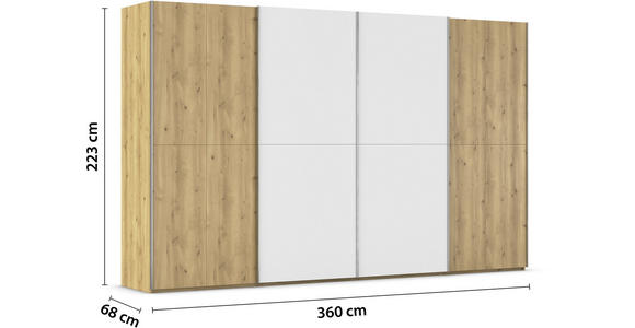 SCHWEBETÜRENSCHRANK 360/223/68 cm 4-türig Weiß, Eichefarben, Chromfarben  - Chromfarben/Eichefarben, Design, Glas/Holz (360/223/68cm) - Novel