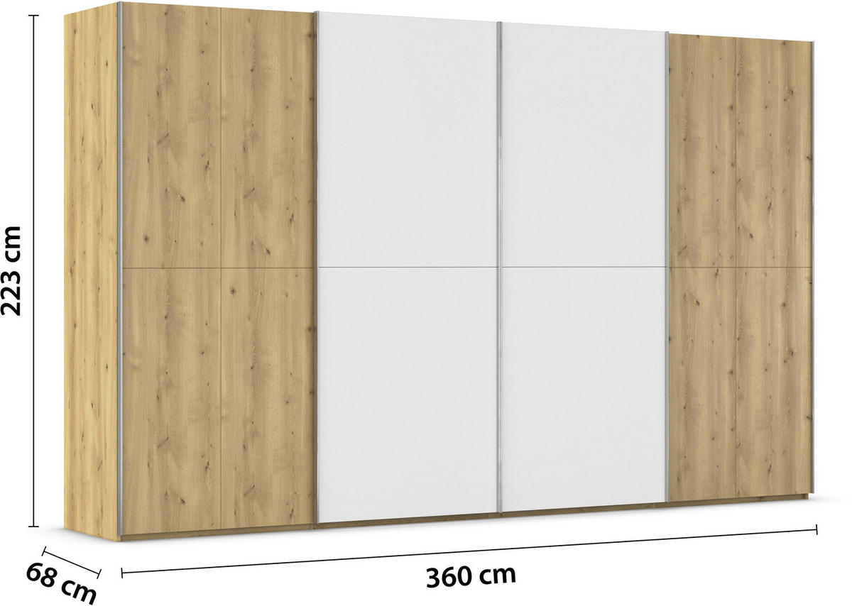 SCHWEBETÜRENSCHRANK 360/223/68 cm 4-türig Weiß, Eichefarben, Chromfarben  - Chromfarben/Eichefarben, Design, Glas/Holz (360/223/68cm) - Novel