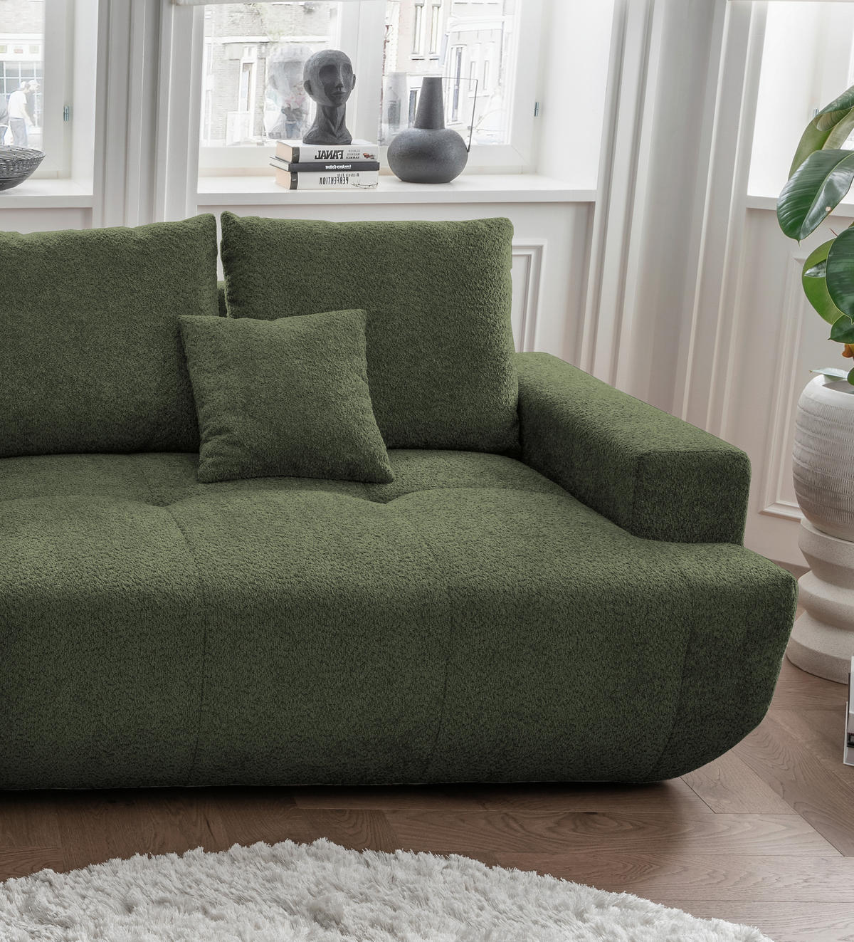 BIGSOFA Bouclé Dunkelgrün  - Dunkelgrün/Schwarz, MODERN, Kunststoff/Textil (323/91/155cm) - Livetastic