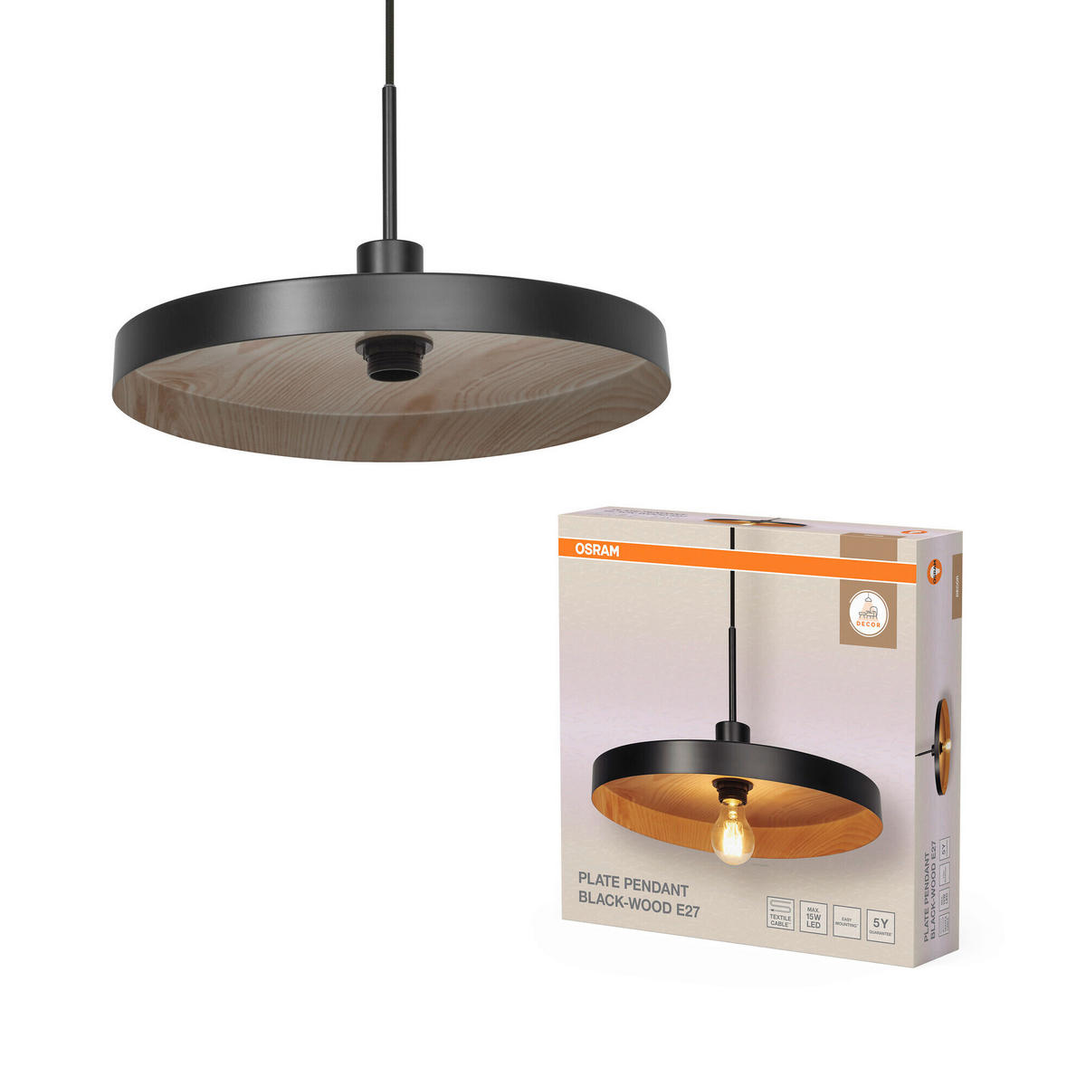 HÄNGELEUCHTE 40/127 cm   - Schwarz/Naturfarben, Basics, Metall (40/127cm) - Osram