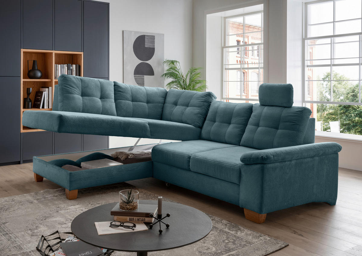 ECKSOFA in Cord Petrol  - Petrol/Naturfarben, Modern, Holz/Textil (206/274cm) - Livetastic