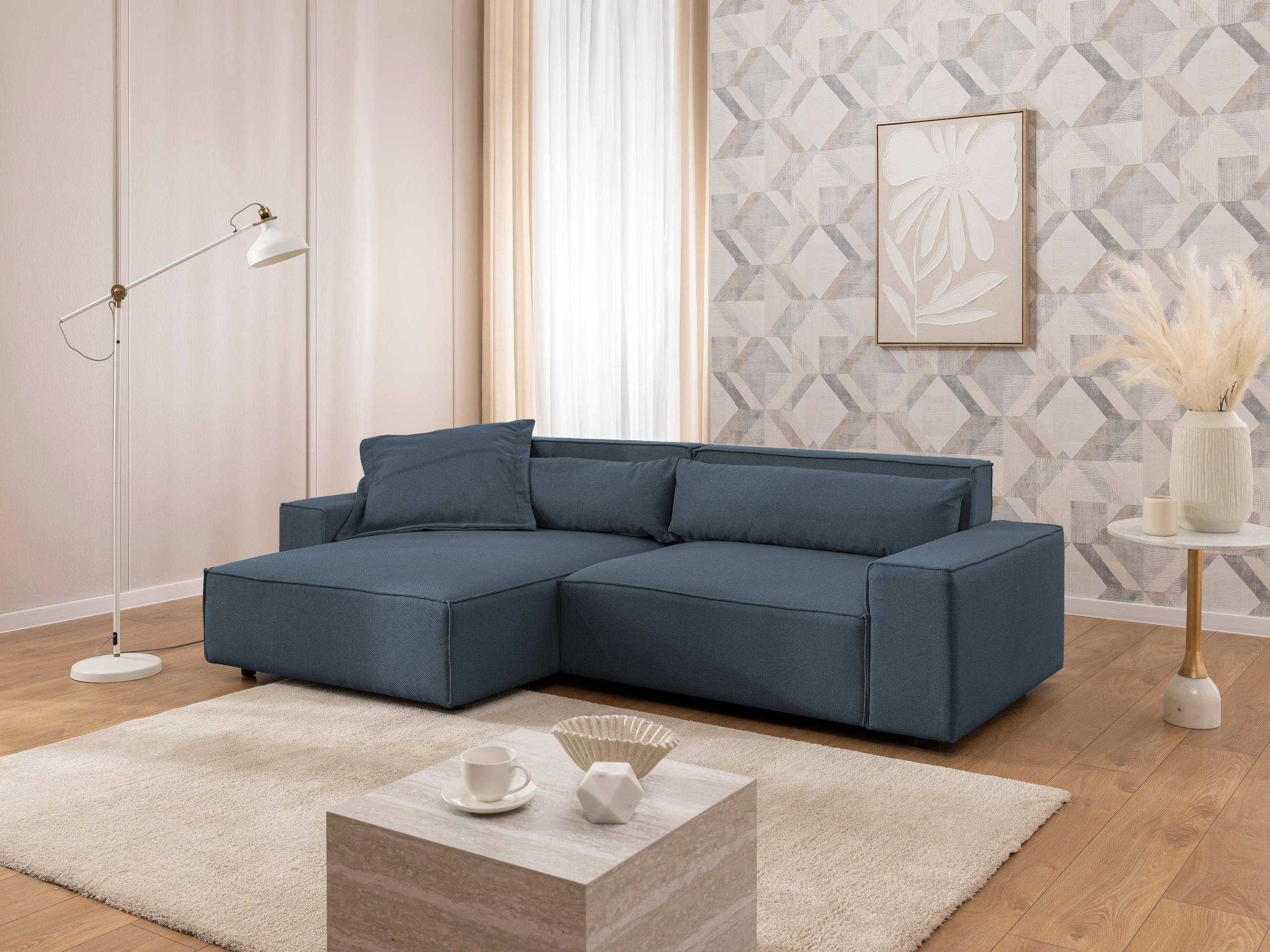 ECKSOFA Curduroy in Webstoff Blau Rückenkissen  251/142 cm  - Blau/Schwarz, Design, Kunststoff/Textil (251/142cm) - P & B